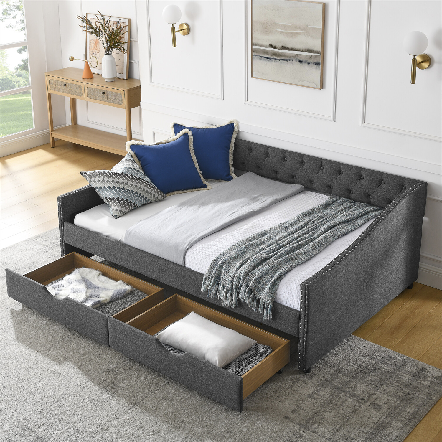 Full Size Daybed Upholstered Bed Frame Sofa Bed with 2 Storage Drawer US
