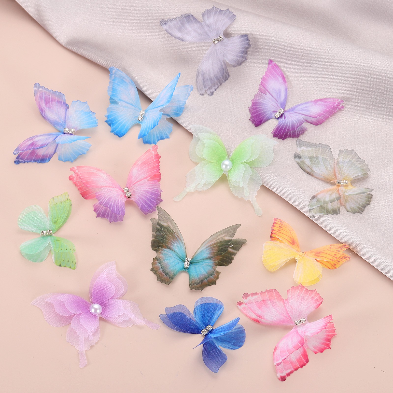30Pcs Pearl Organza Butterfly, 1.8" x 2" 3D Fabric Butterfly for Craft, Pink