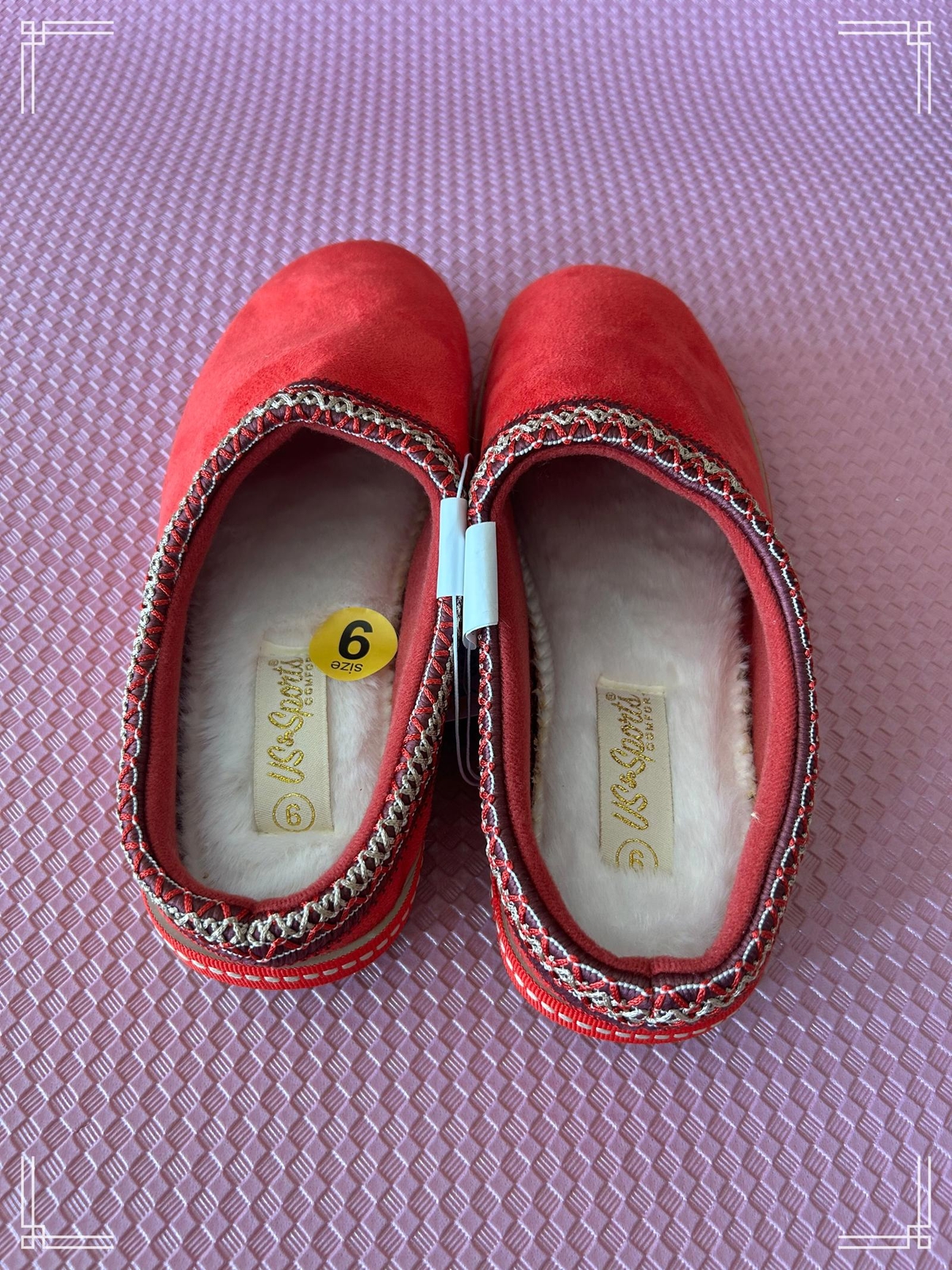 US Sports Red Faux Suede Fleece-Lined Slippers (Size 6)