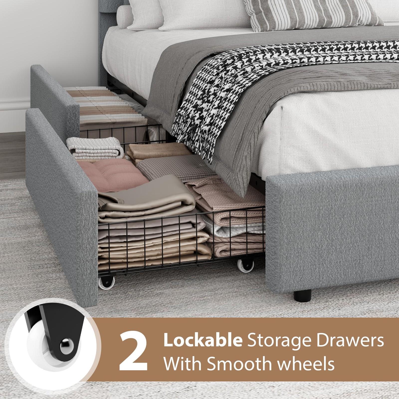 Queen Size Bed Frame ,Upholstered Platform Bed with Headboard & 2 Drawers ,Gray