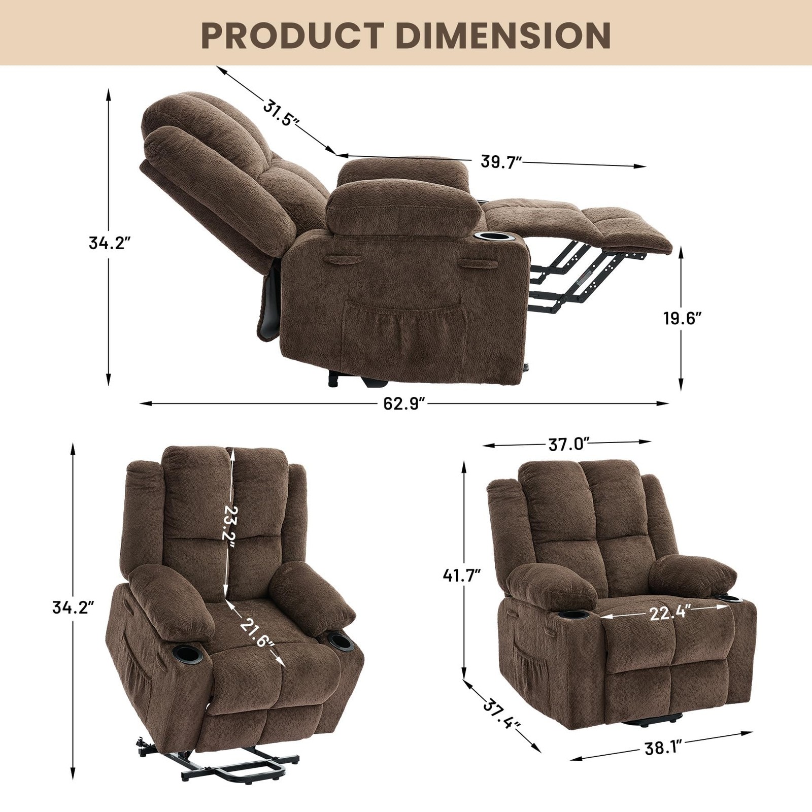 Oversized Power Lift Recliner Chair for Elderly,135°Adjustable Lay Flat Lift ...