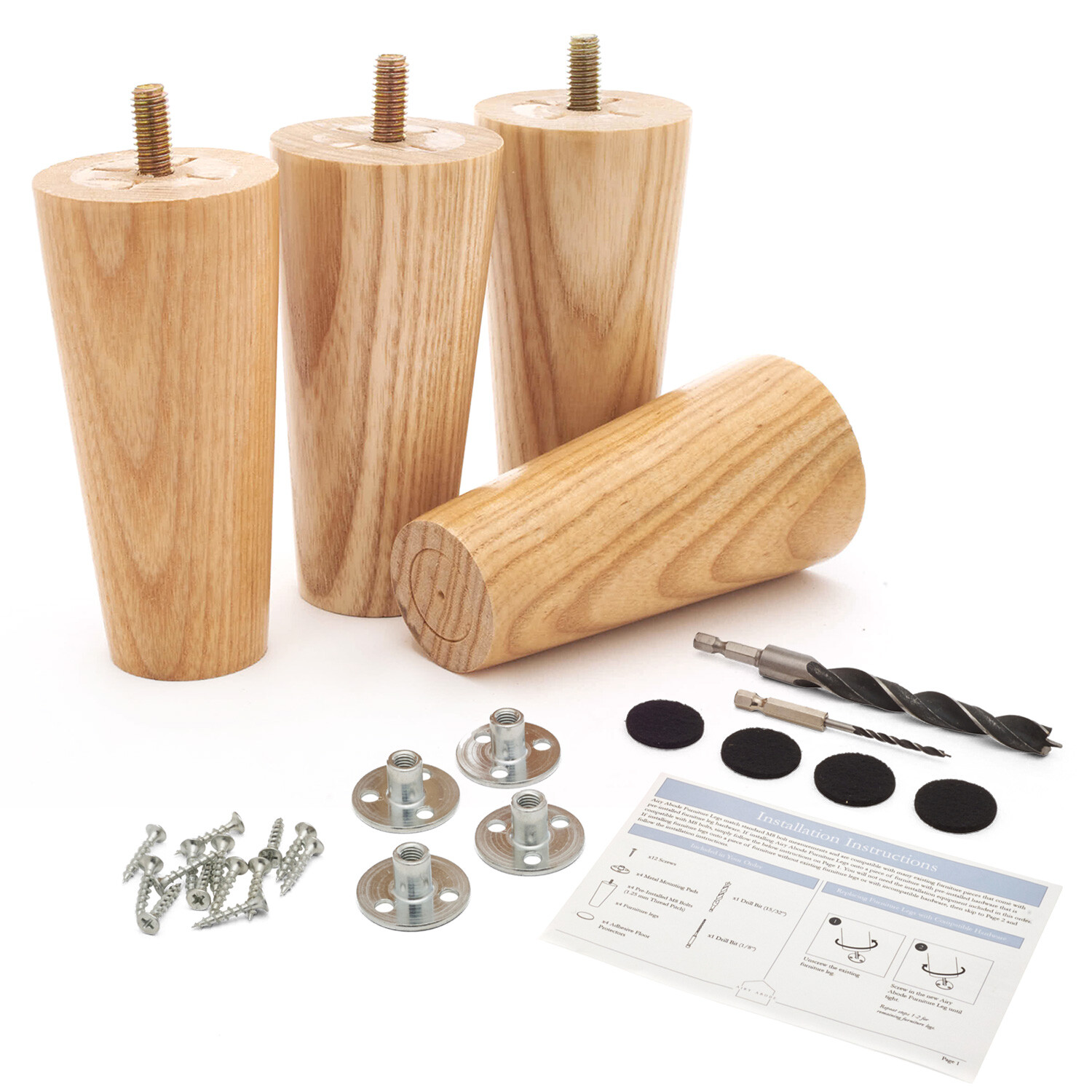 Furniture Legs Set of 4, Premium 4 inch Ash Wood Mid Century Replacement Feet