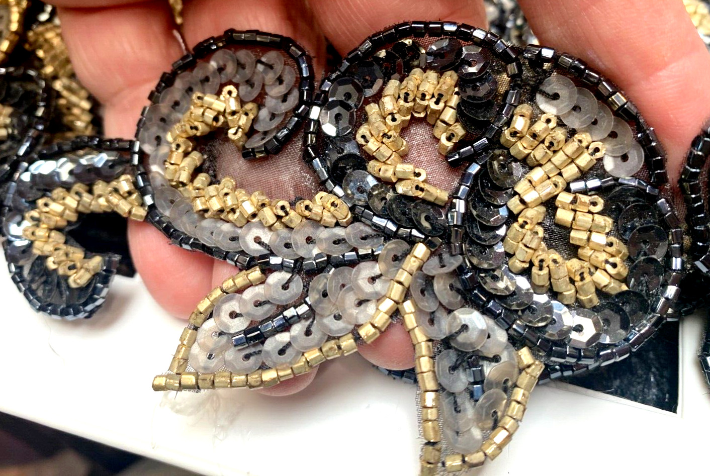 appliques glass beads sequins 3x4.25" hand sewn 1pc