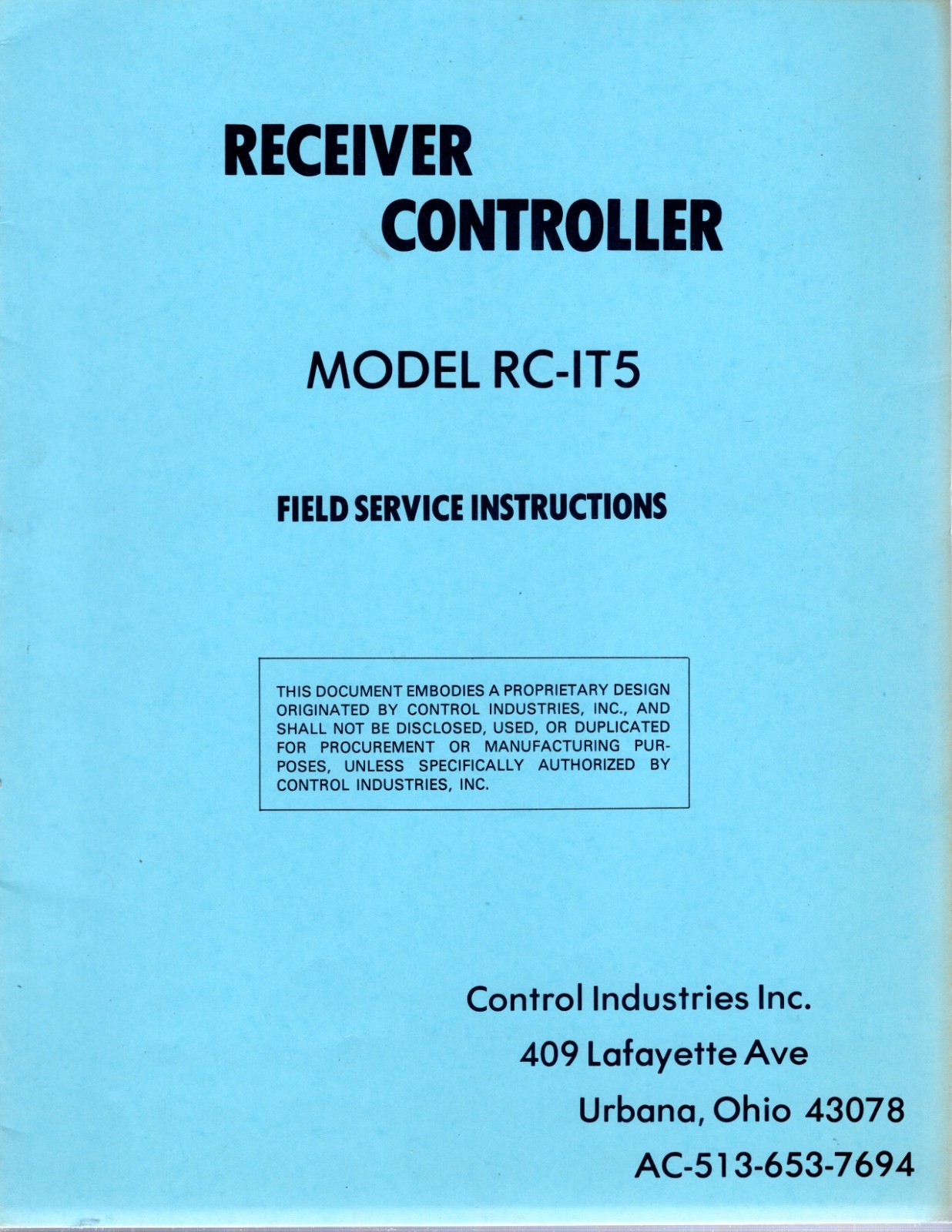 Original Control Industries Receiver Controller RC-IT5 Field Service Instruction