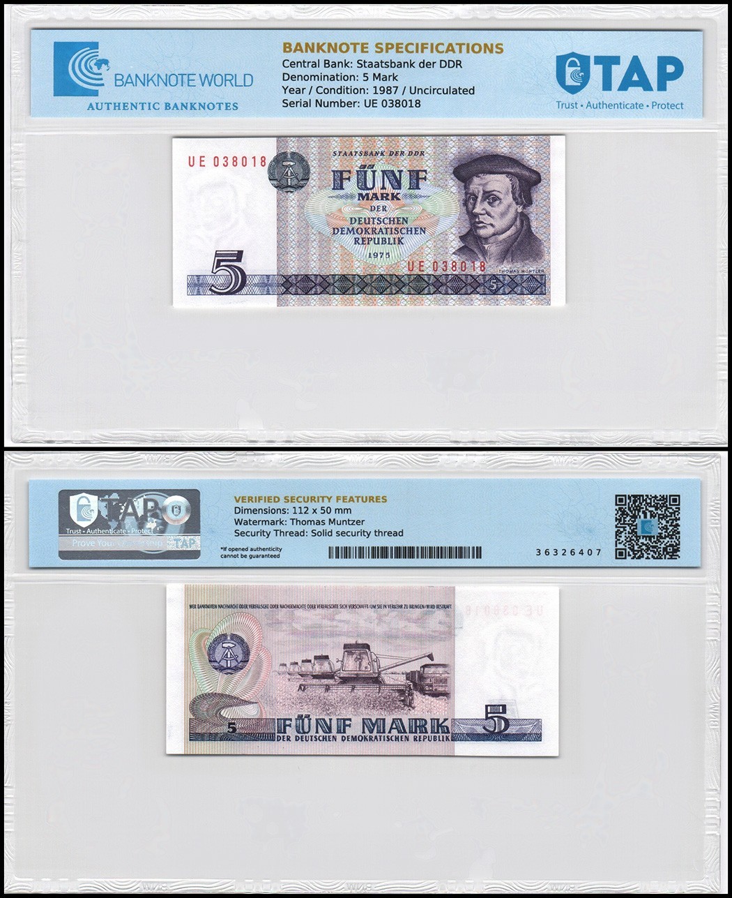 German Democratic Republic 5 Mark, 1975 (1987 ND) P-27b UNC TAP Authenticated