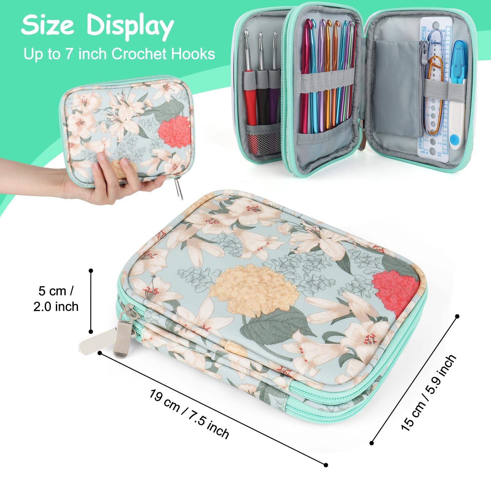 Crochet Hook Case Empty Zipper Bags Organizer Web Pocket Light Blue Storage