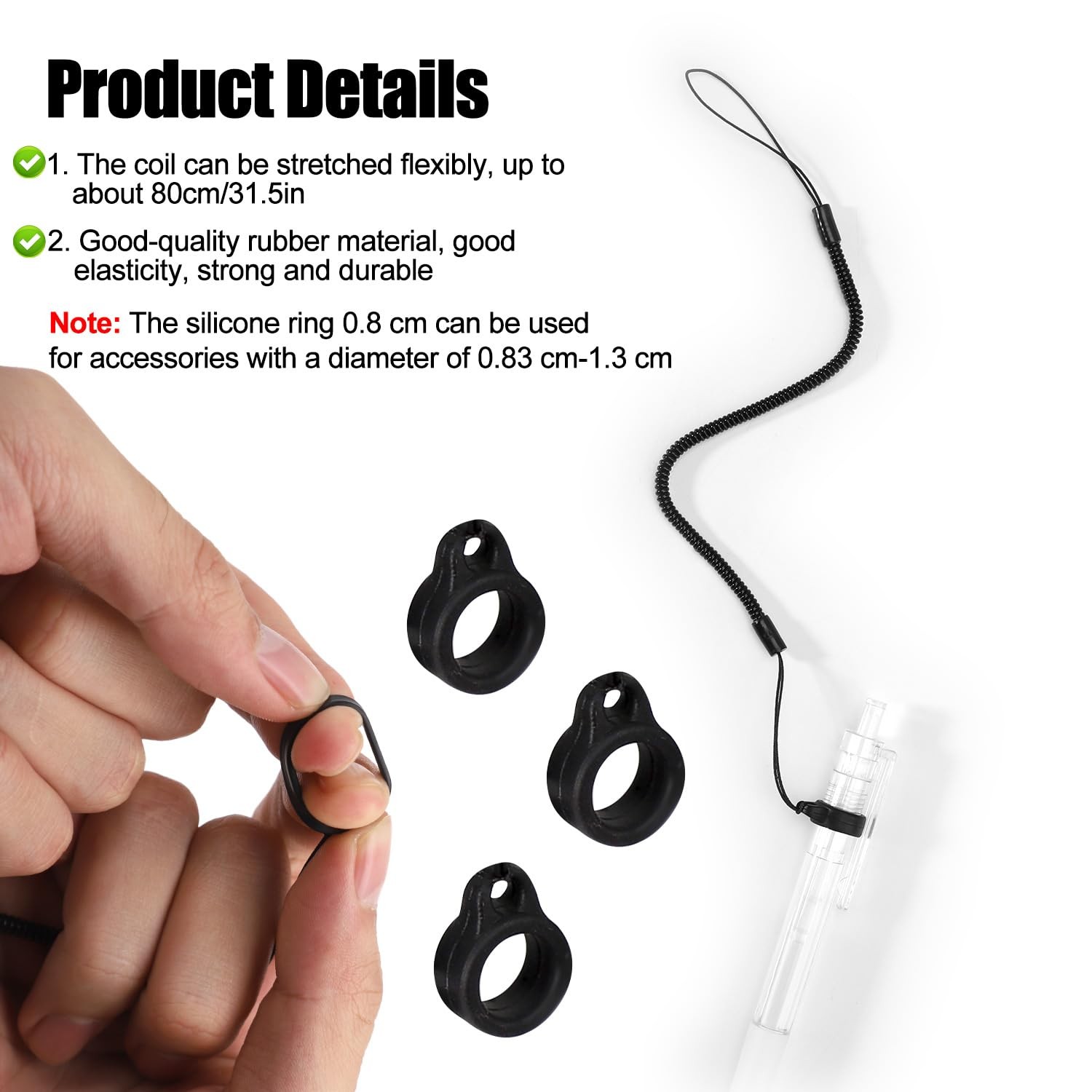 5pcs Elastic Lanyard Tether, Silicone Pen Leash Retractable Black