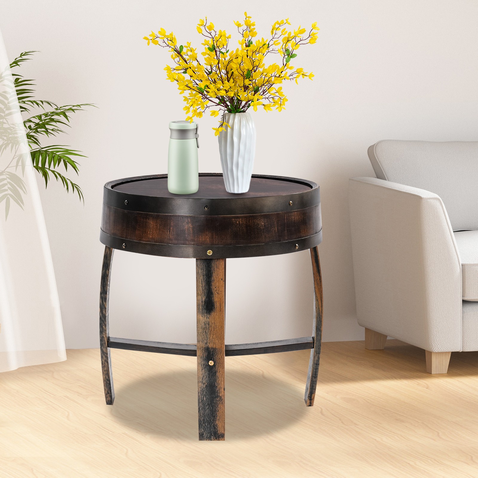 Rustic Oak Wood Barrel-Style Round End Table Brown Side Table