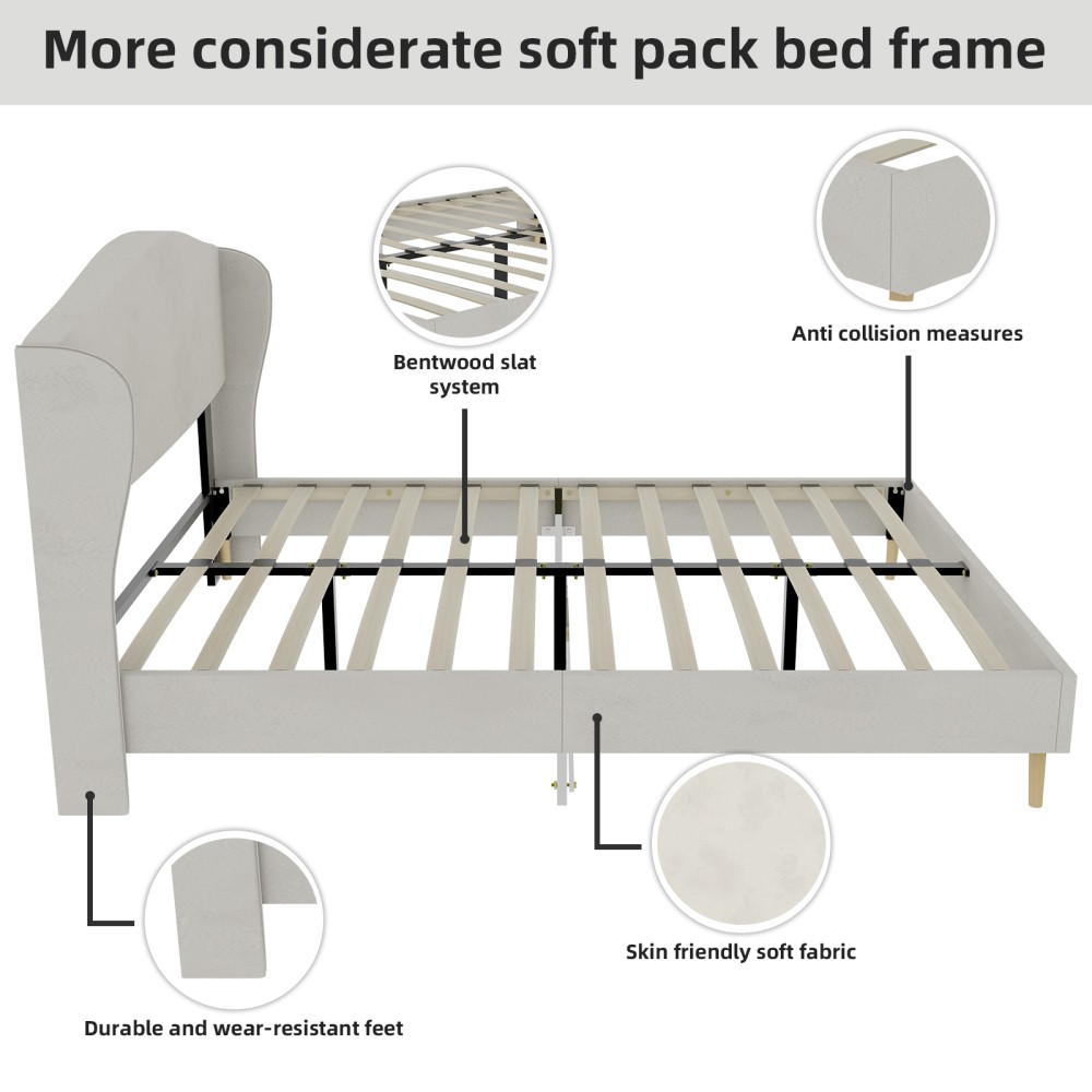 Platform Queen Bed Frame with Velvet Tufted Headboard, Supportive, Beige