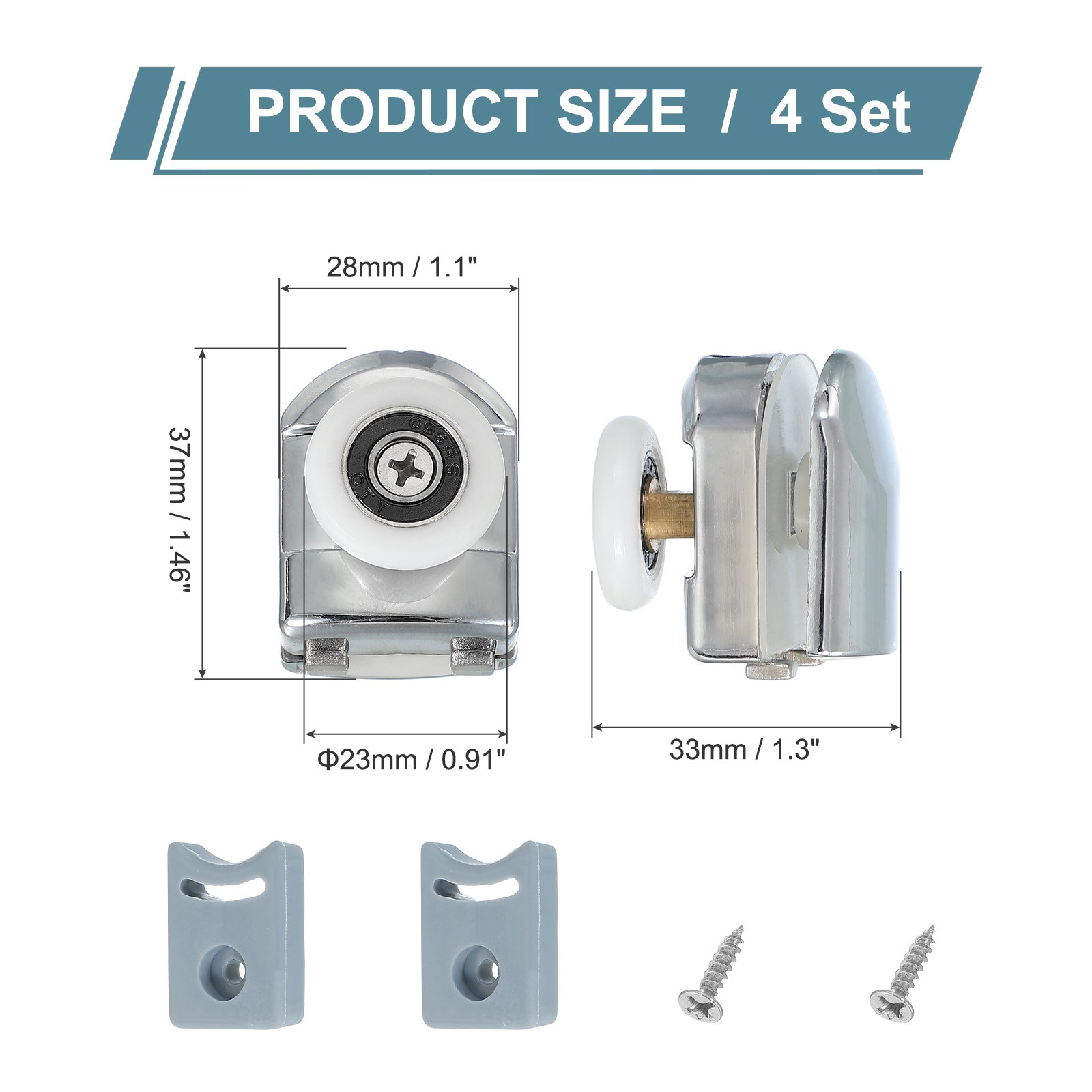 4Pcs 23mm Single Shower Door Rollers Copper Top Wheels Pulleys Guide Silver