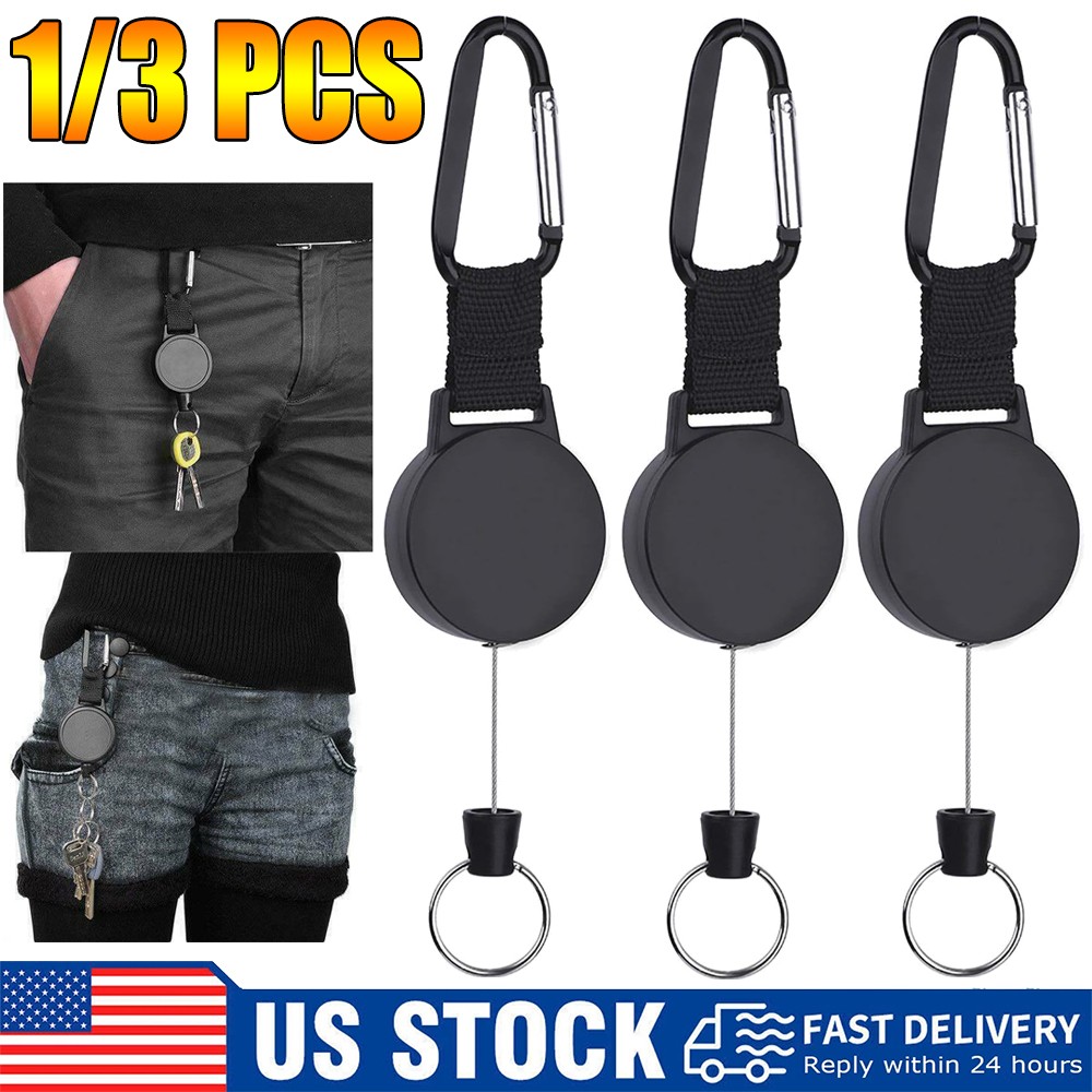 1-3x Heavy-Duty Retractable Key Chain Extendable Key with Steel Wire Rope Black