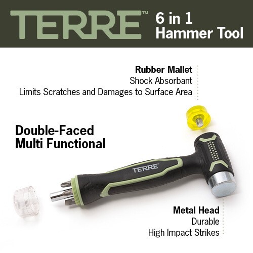 Terre Products Double Faced Rubber Mallet Hammer, Built-in Multi Bit Screwdriver