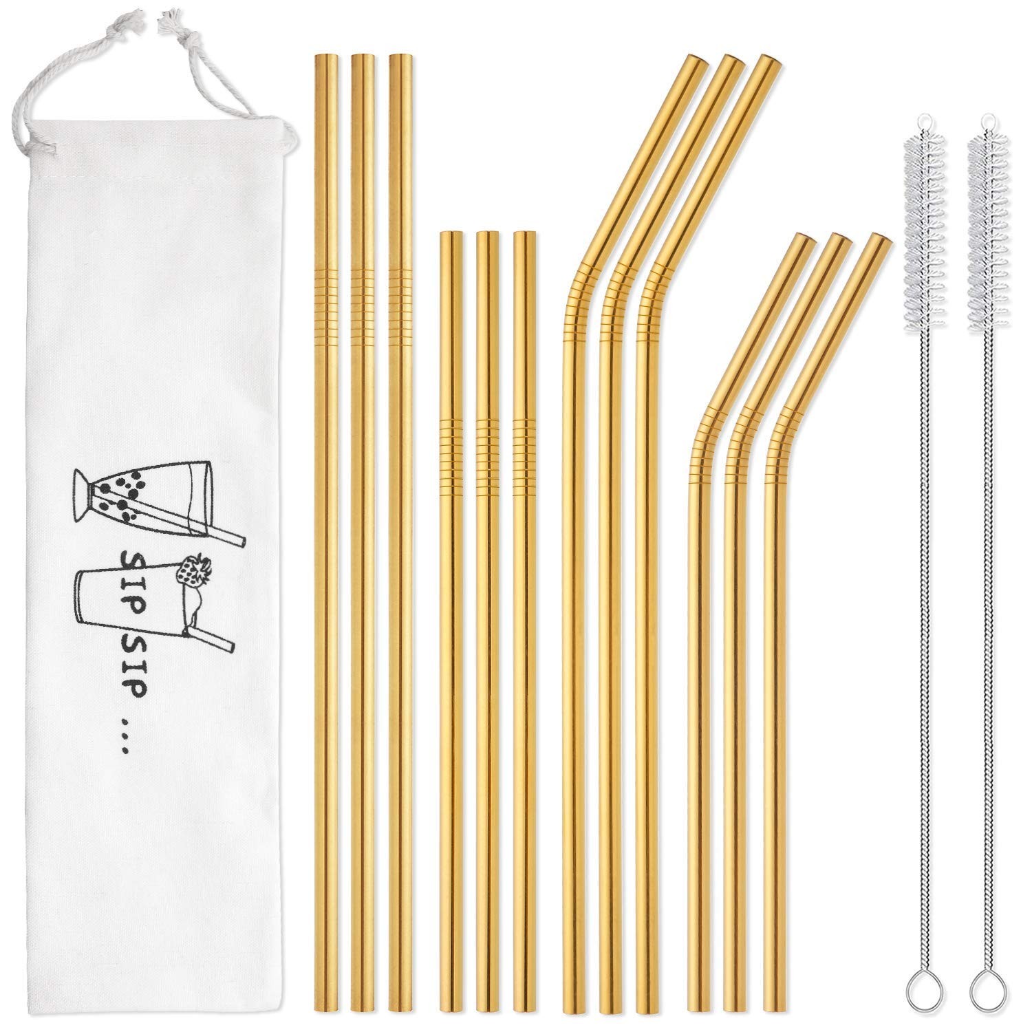 Hiware 12-Pack Gold Stainless Steel Straws Reusable with 15 Piece Set,