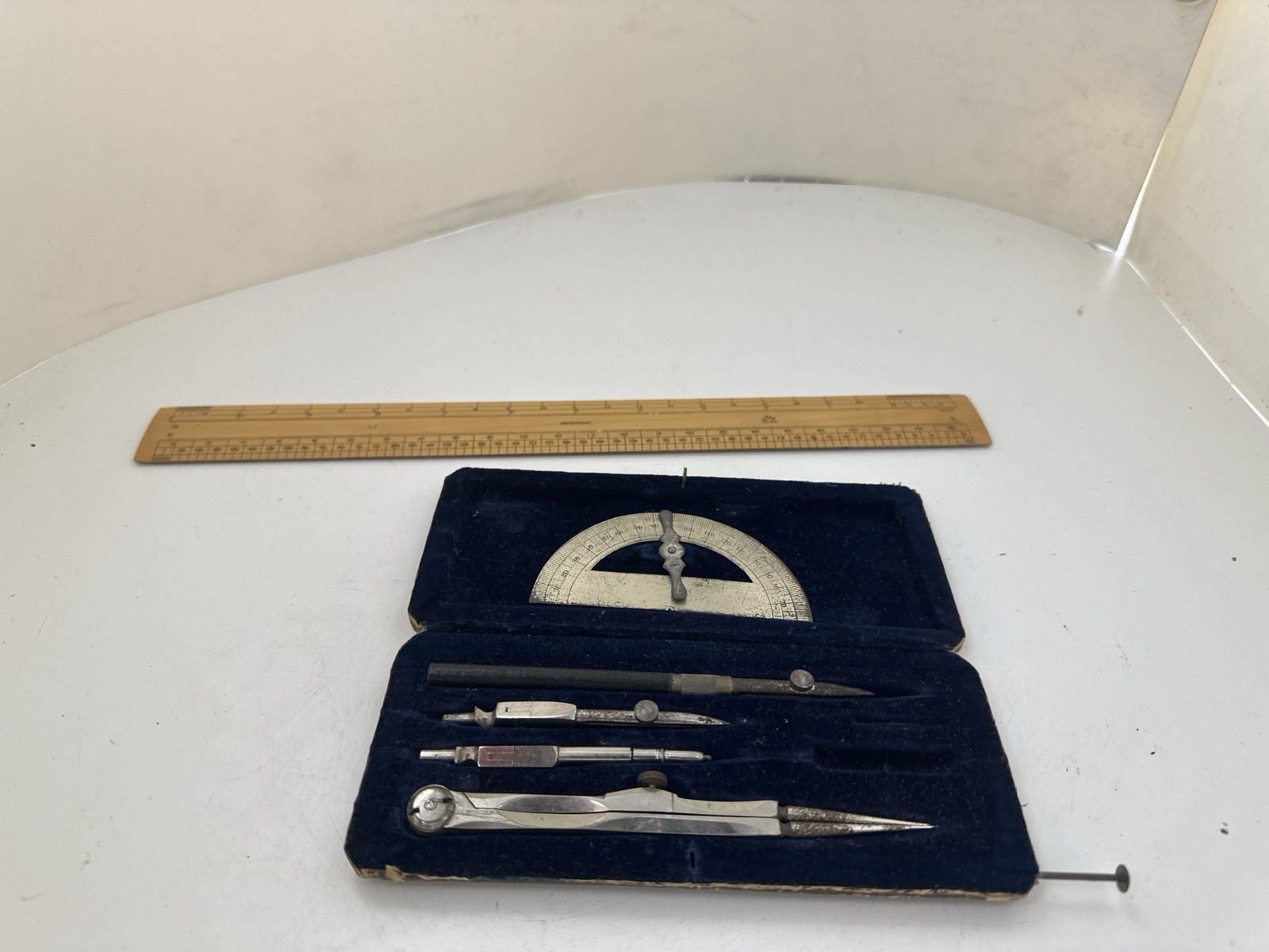 Vintage Technical Drawing Drafting Set Case Compasses & Boxwood Ruler Lot