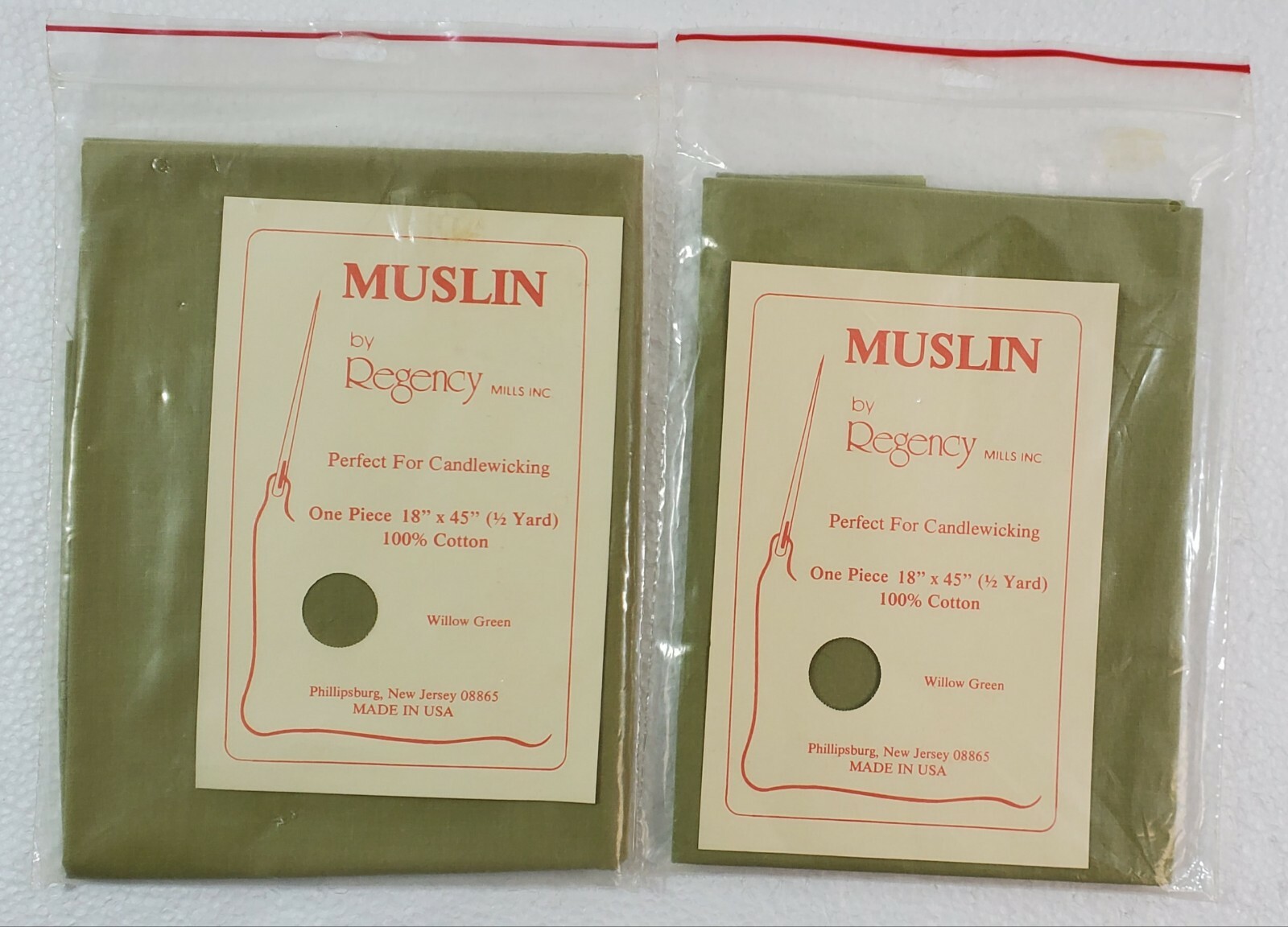100% Cotton Muslin Backing 18” x 45” Candlewicking Fabric Willow Green 2 Pack