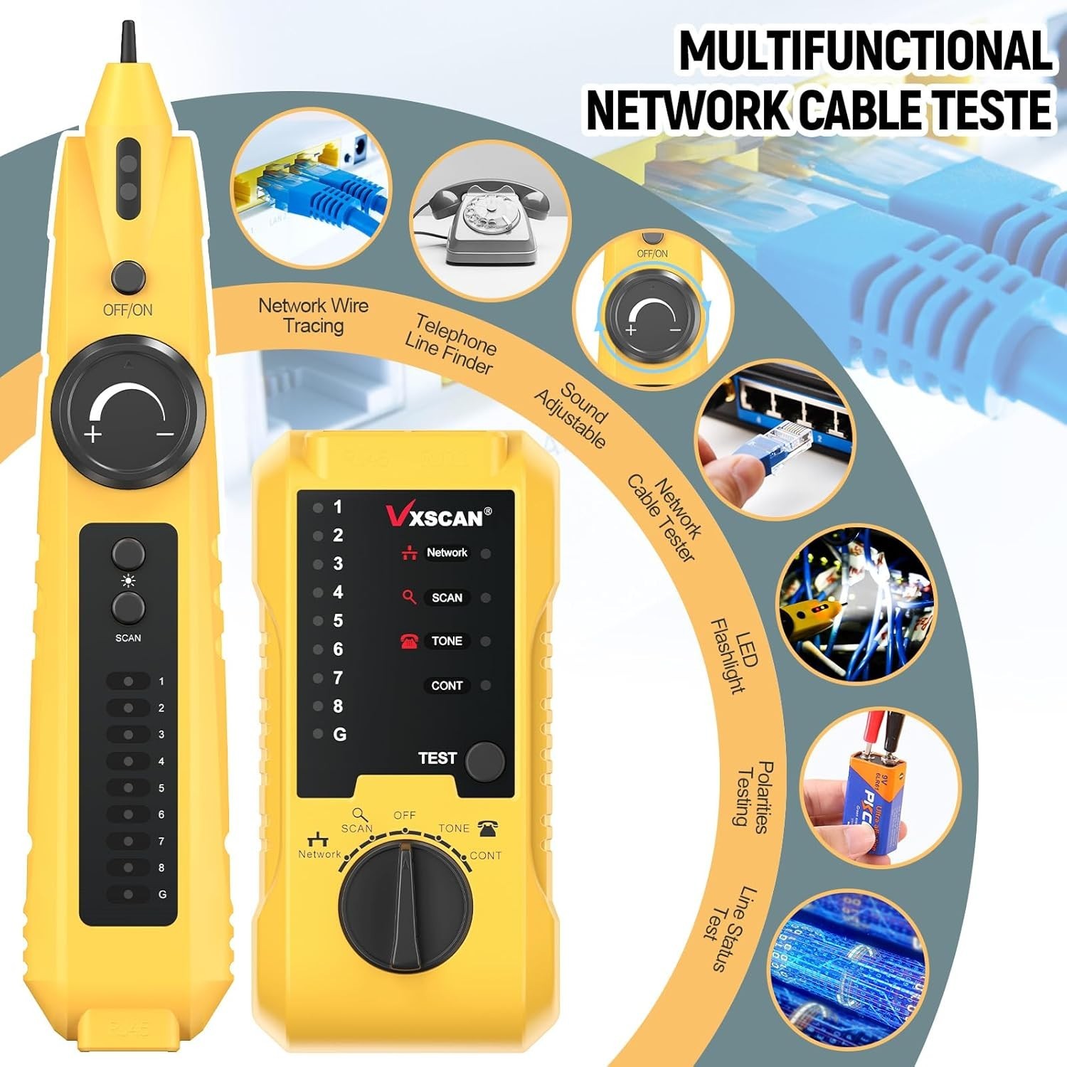 Battery Powered Network Cable Tester with Multi-Function Capabilities - Yellow
