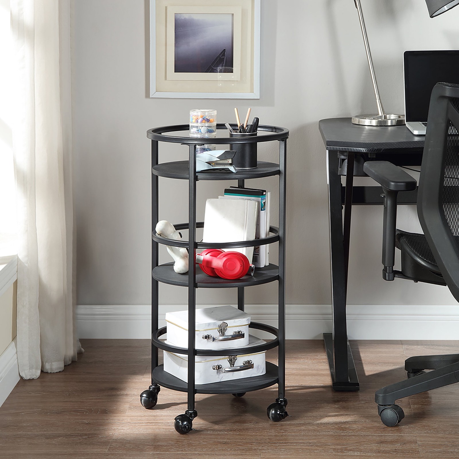 32" 3-Tier Rolling Round Kitchen Storage Bar Cart, Black