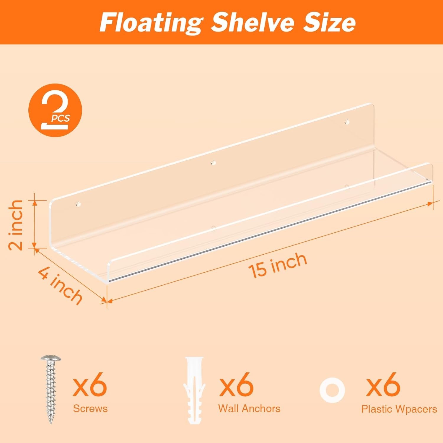 2 Pack Floating Shelves Wall 15" Clear Book Shelf Acrylic Floating Wall Shelf