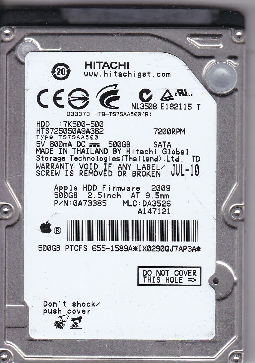 HTS725050A9AA362 p/n: 0A73385 mlc: DA3526 Thailand 2010 500GB 2.5" SATA C14-40