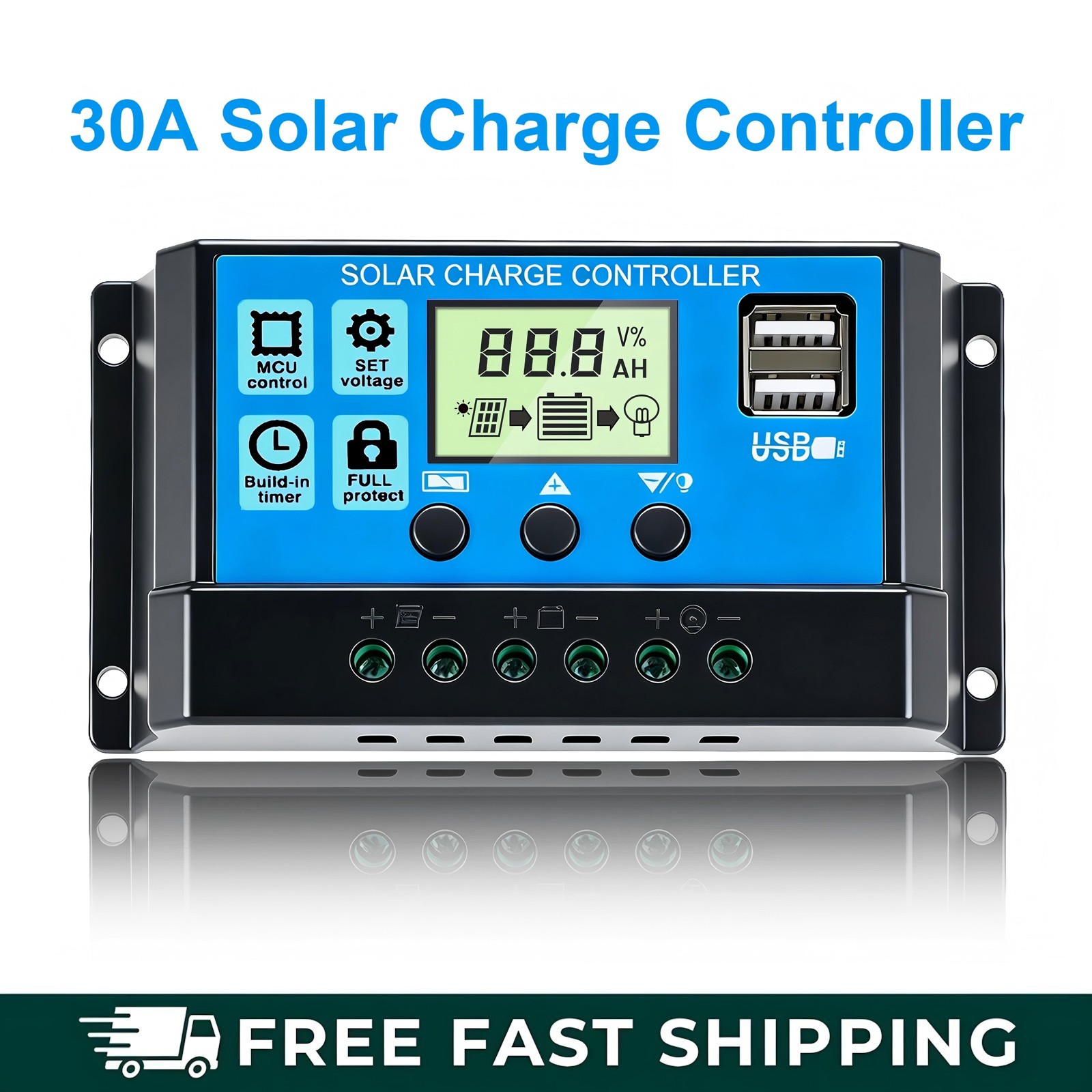 30A Solar Panel Battery Charger Controller 12V/24V LCD Regulator Auto with USB