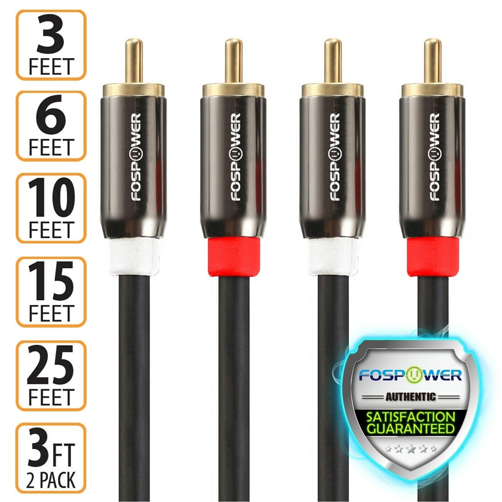 FosPower 3 6 10 15 25 FT Gold Plated RCA Male L/R Stereo Audio Cable Cord Plug