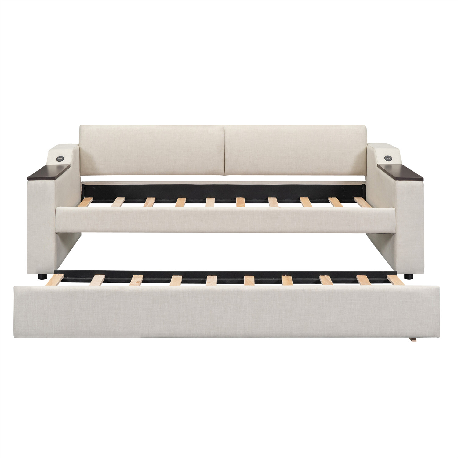 Twin Size Daybed Upholstered Bed Frame Sofa Bed with Trundle Bed Beige