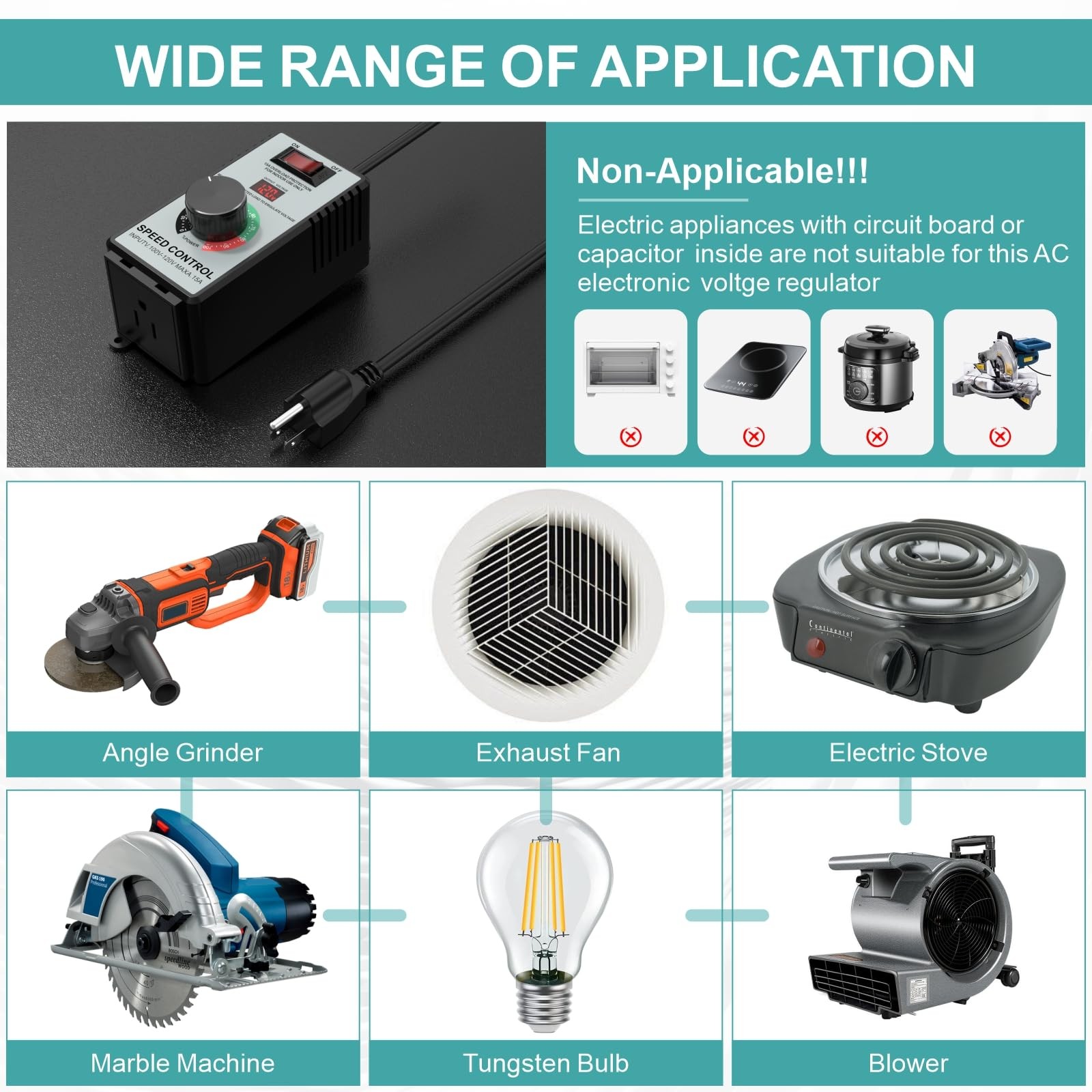 High-Capacity AC Motor Speed Controller 120V 15A 4000W - Universal Variable S...