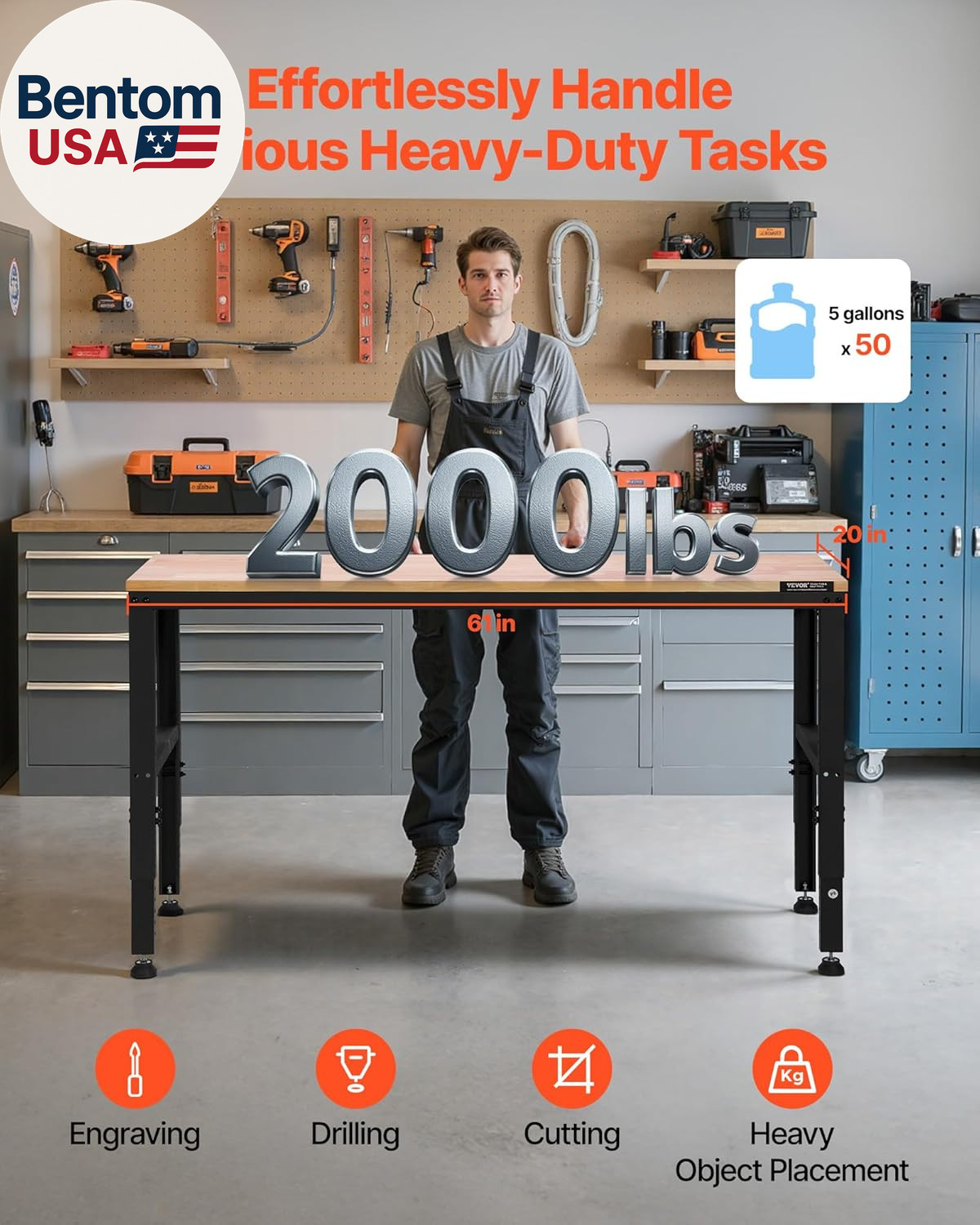 Adjustable Workbench, 2000 Lbs Capacity, 61 X 20-Inch Heavy Duty Work Bench with