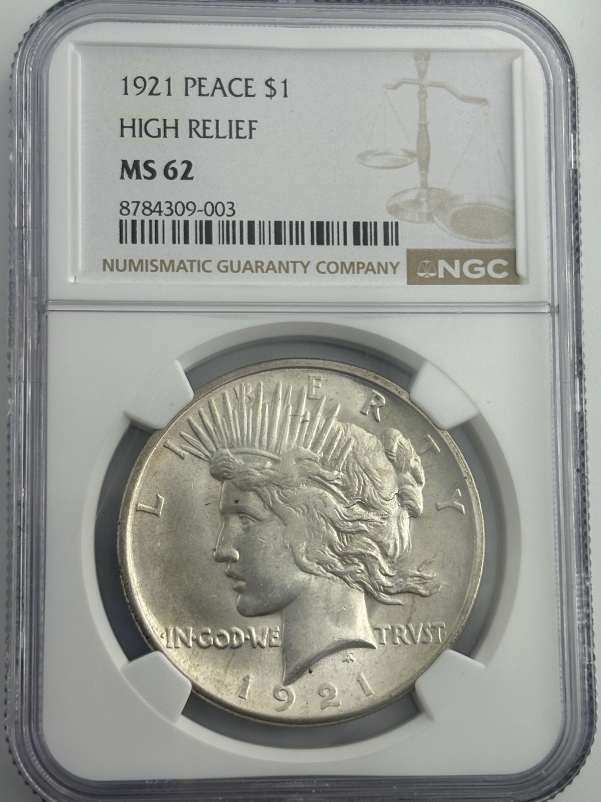 1921 Silver Peace Dollar, NGC MS62 High Relief, Key Date, Very Nice For Grade