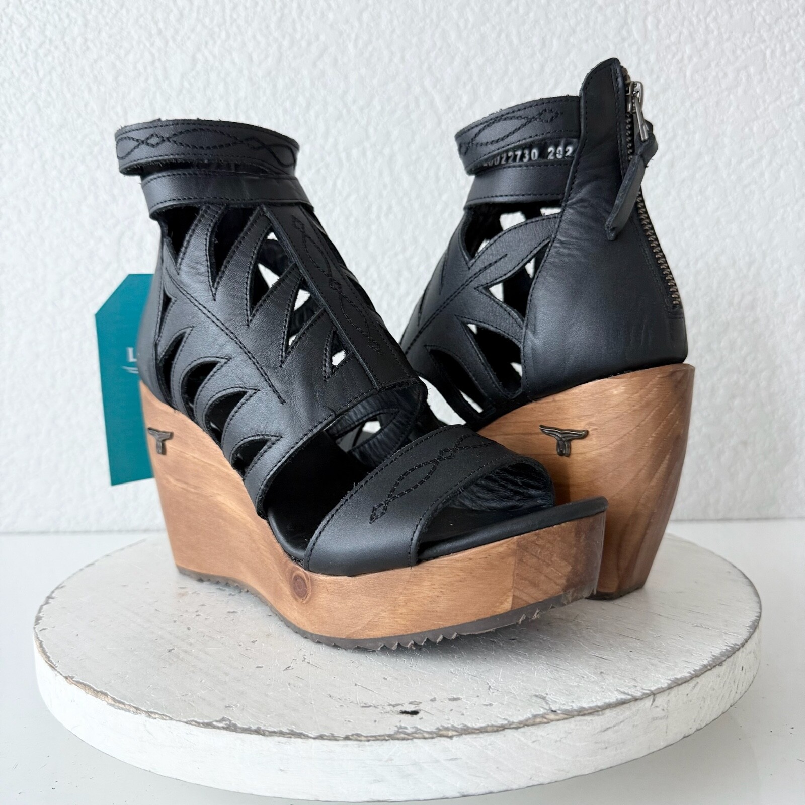 NEW Lane Boots BECCA Womens Black Wedges Western Sandals Leather Wooden Heel 9.5