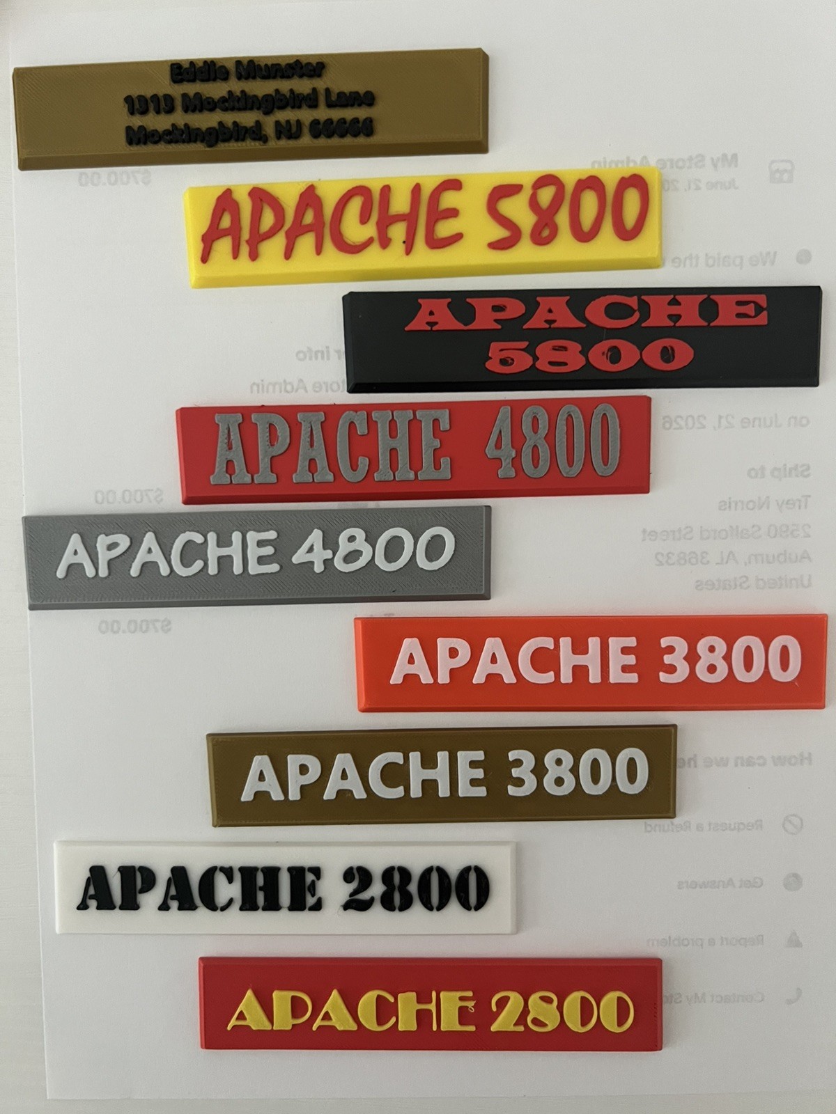 Custom 3D Printed nameplate fits Apache 2800 3800 4800 5800 9800 case