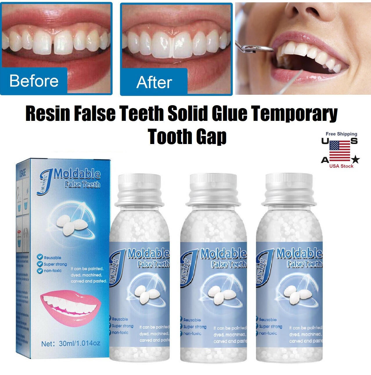 3×Resin False Teeth Solid Glue Temporary Tooth Repair Moldable Teeth Gap Denture