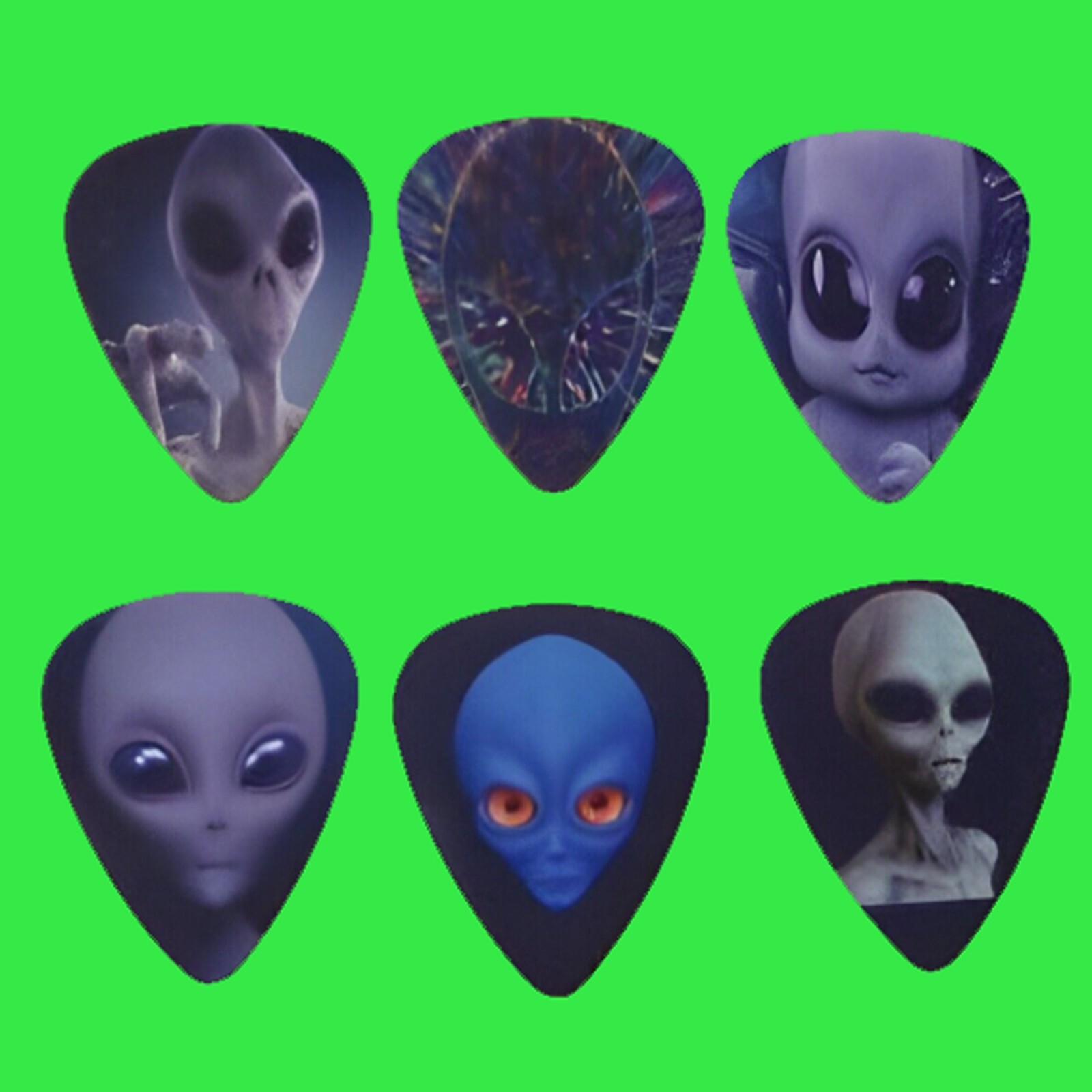 Alien face  SINGLE SIDED PICTURE GUITAR PICKS  Set of 6