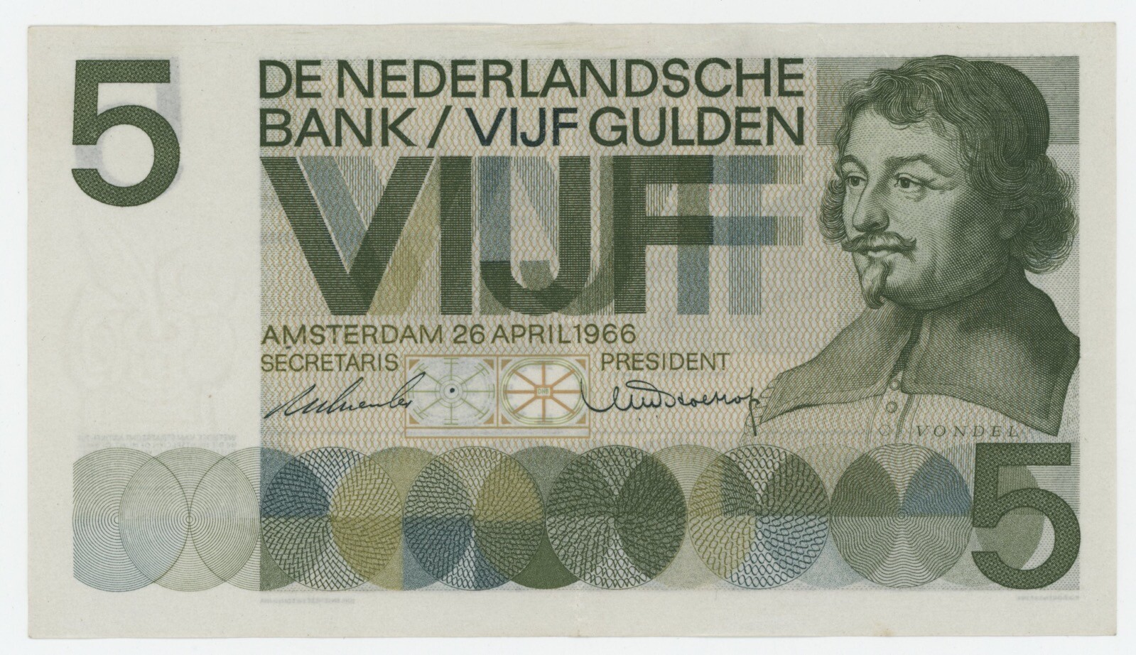 Netherlands 5 Gulden 26-4-1966 Pick 90 XF- Circulated Banknote