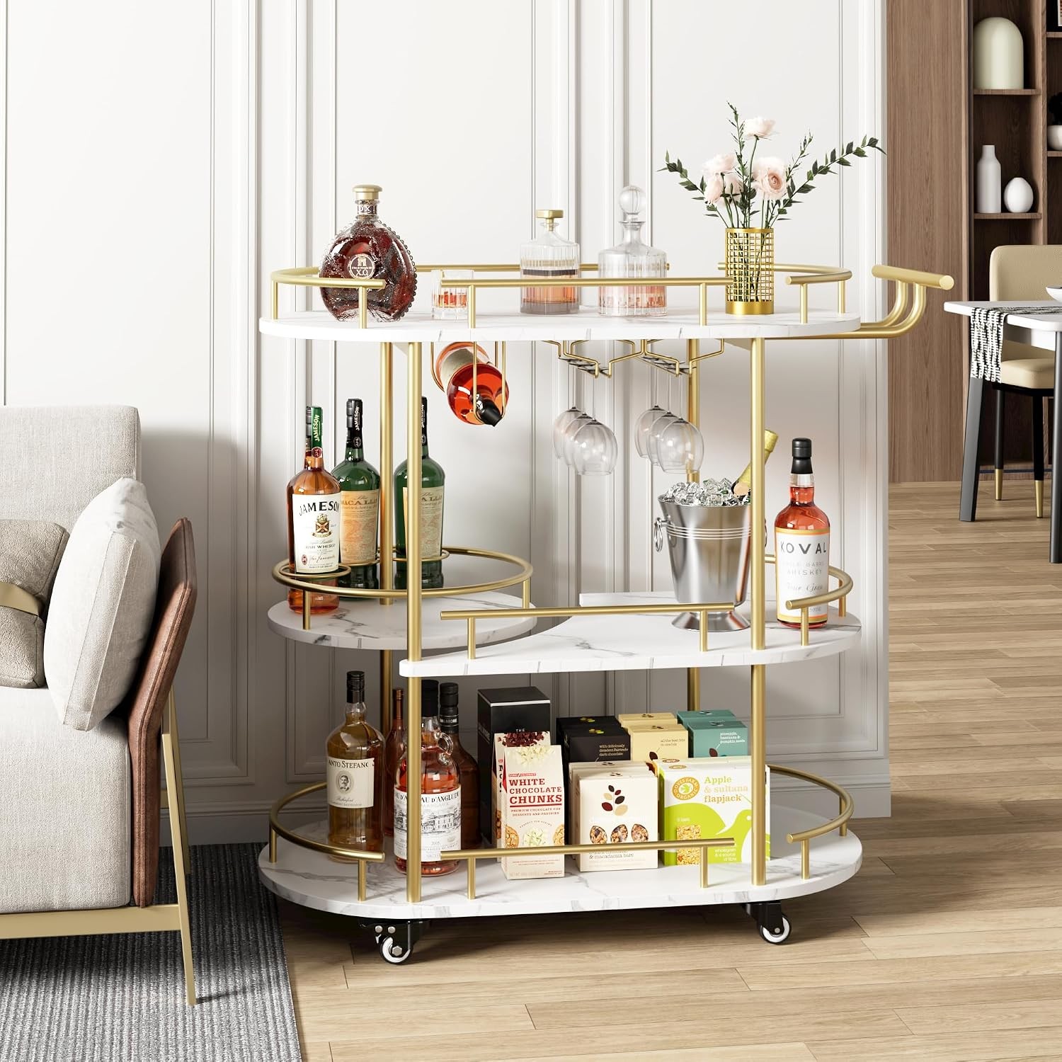 Gold White 3-Tier Bar Cart on Wheels with Wine Rack Mobile Serving Cart
