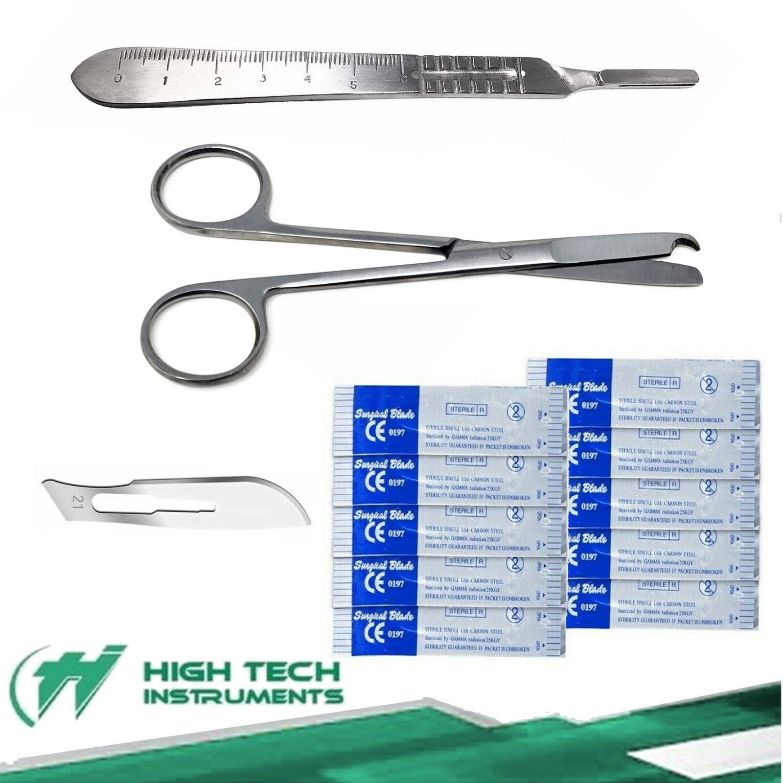 Suture Stitch Scissors 4.5"+Scalpel Handle #4 + 10 Surgical Blades #21