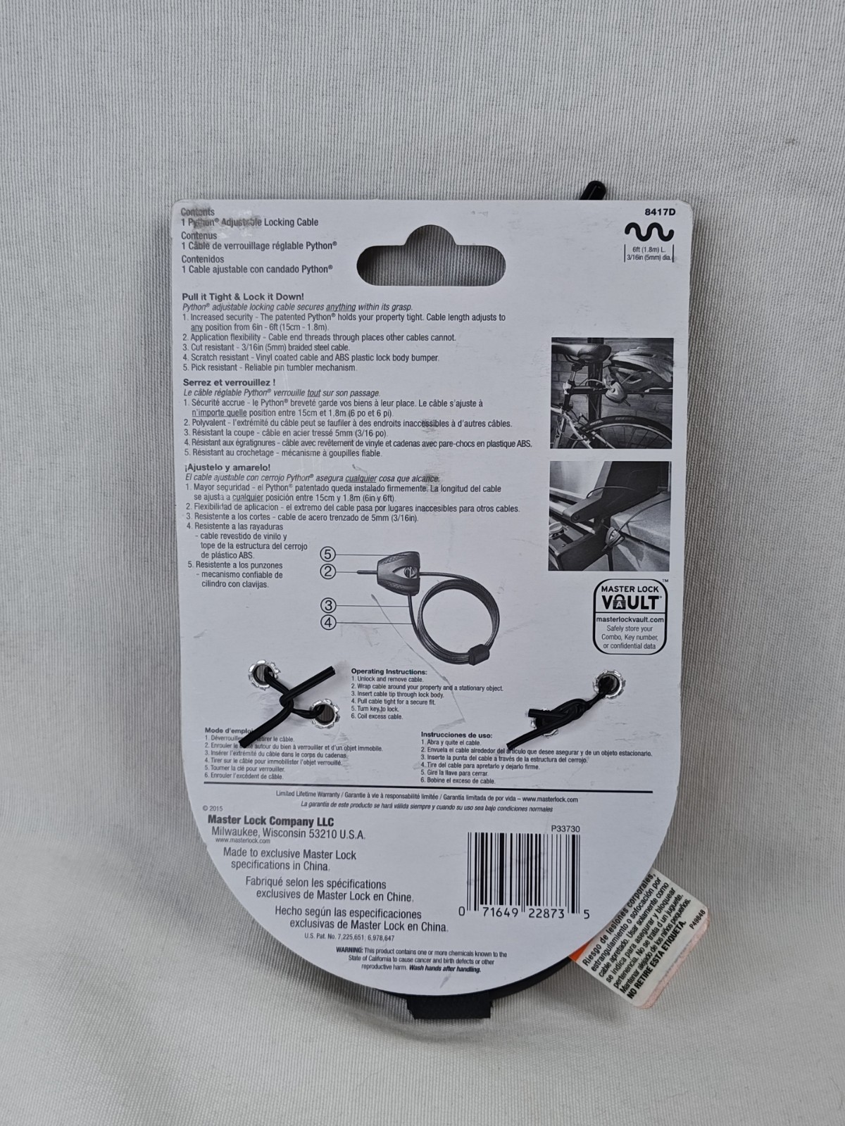NWT MASTER Lock PYTHON 6 FT Adjustable Locking Cable 8417D Bike Lock NEW!