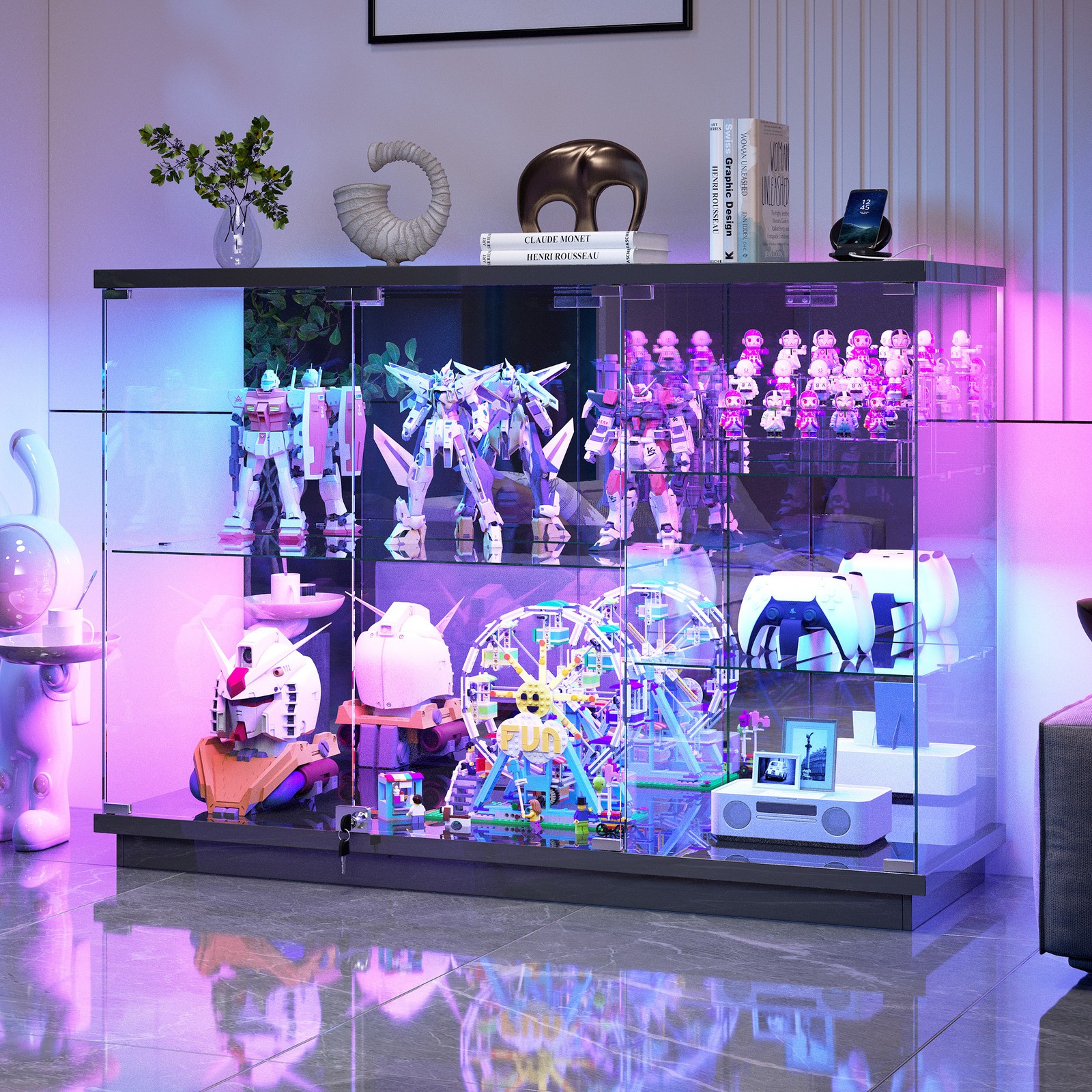 47"W Large Display Cabinet with Glass Doors, Locking RGB Display Case for Figure