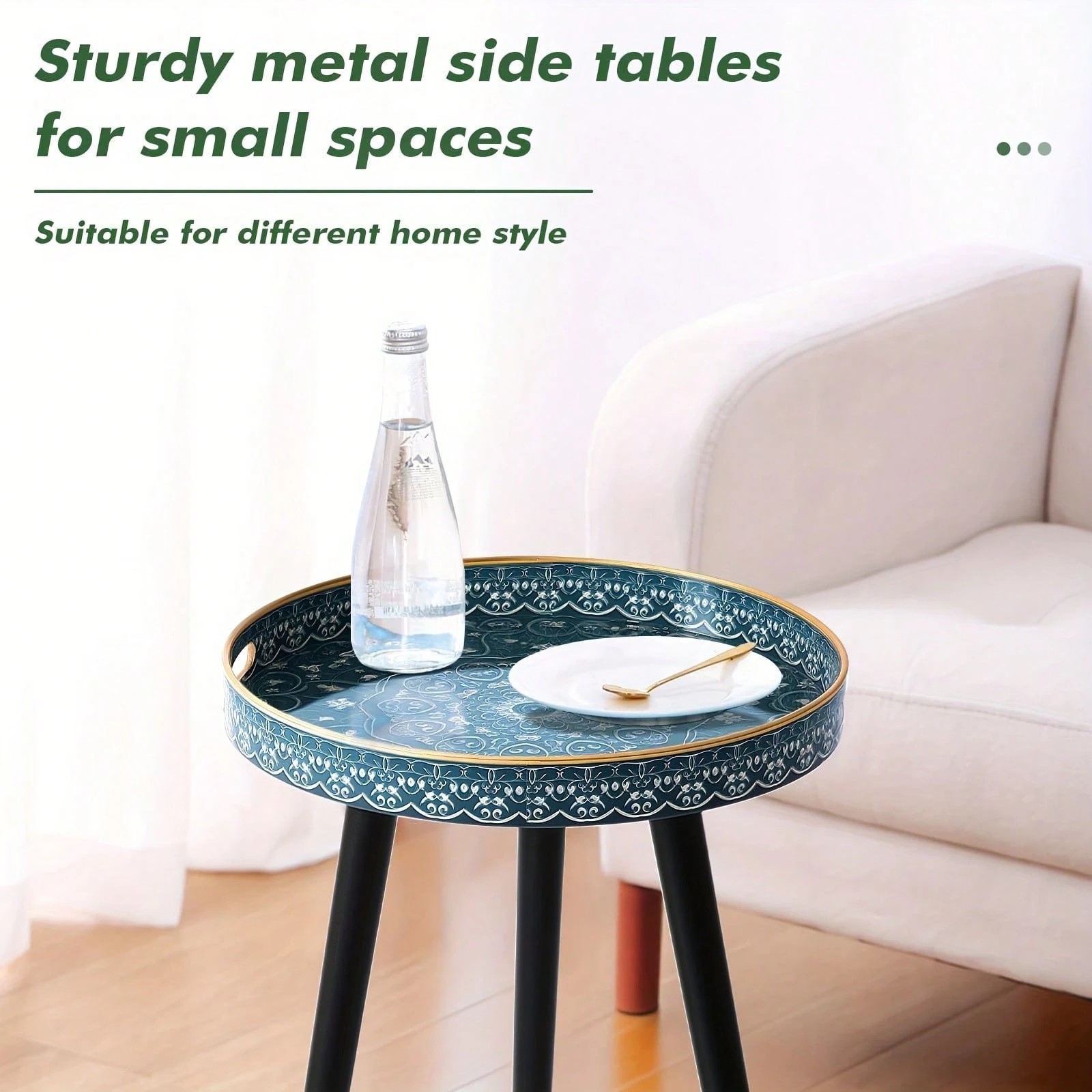15-Inch Bohemian Round Side Table Plastic Frame Triangle Legs Dark Green