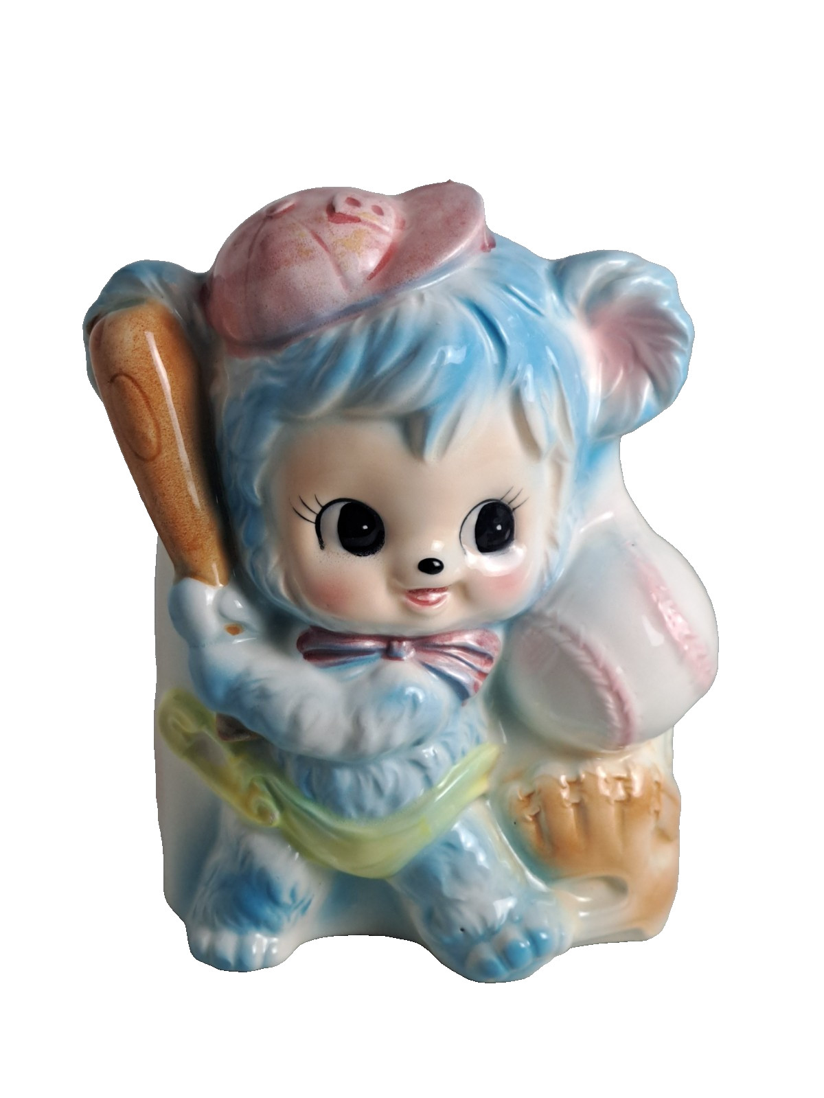 VTG. Antropomorhic Blue Bear Baby Boy Baseball Nursery Ceramic Planter- JAPAN
