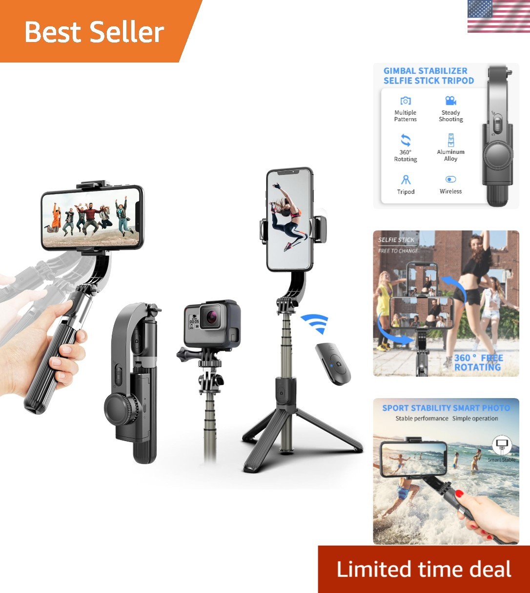 Lightweight Gimbal Stabilizer with Selfie Stick and Tripod for iPhone & Android