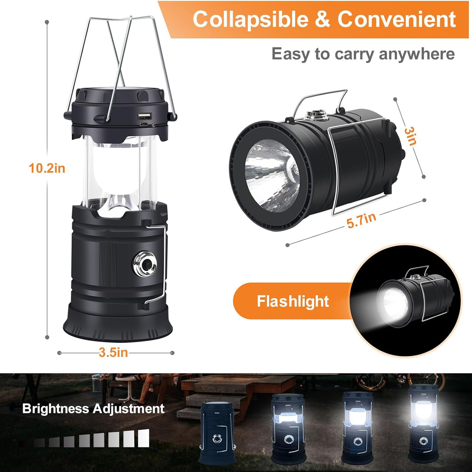 USB Solar Portable LED Flashlight Rechargeable Camping Tent Light Lantern Lamp