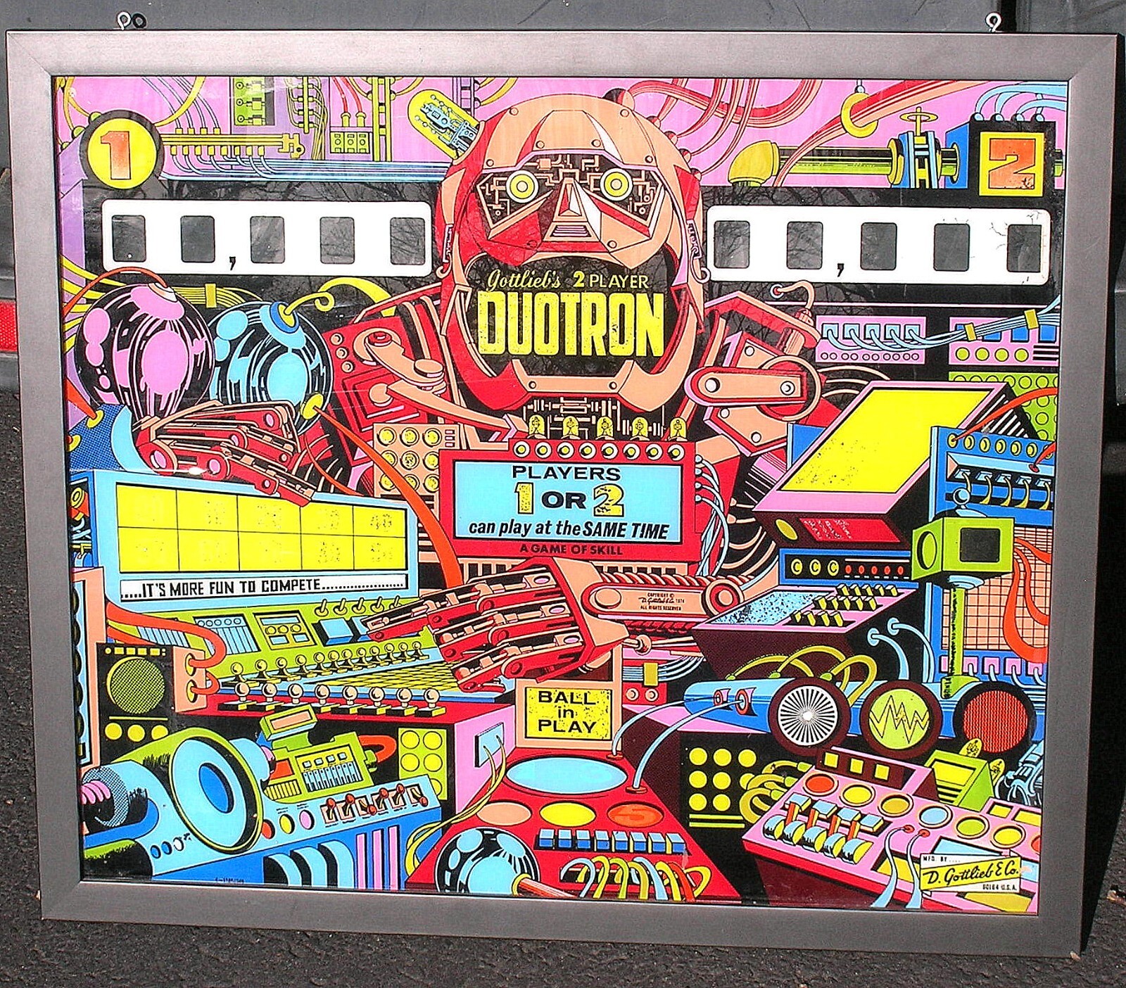 DUOTRON PINBALL MACHINE GLASS BACK 24" X 28" - NICE CONDITION - FRAMED - B.OFFER