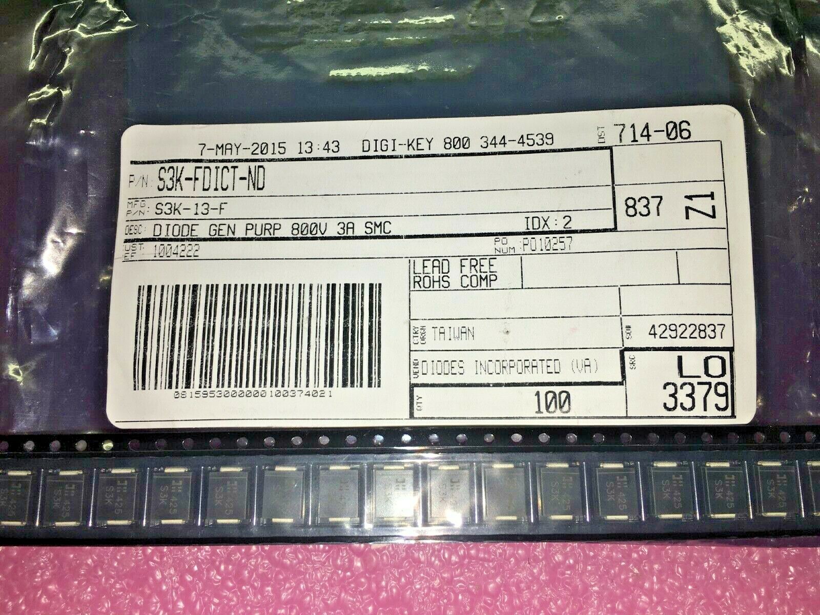 (215 PIECE LOT) S3K-13-F, 1004222, DIODES INC., DIODE GEN PURP 800V 3A SMC, ROHS