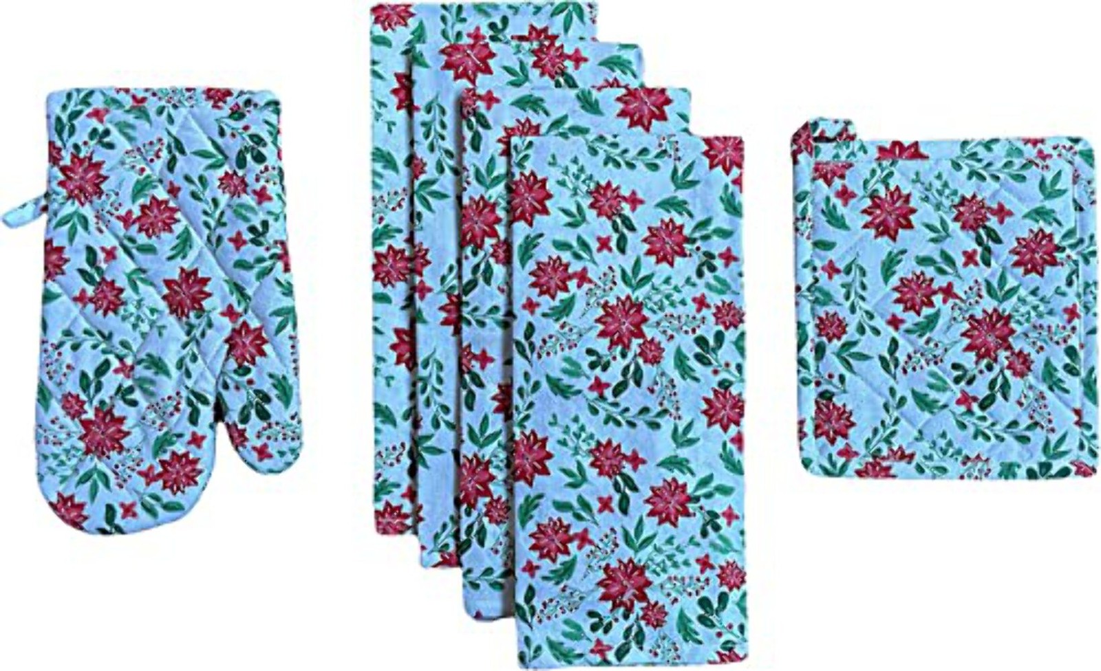 Set of 6, 100% Cotton, Red Poinsettia Flower Design Christmas/Holiday Season Kit