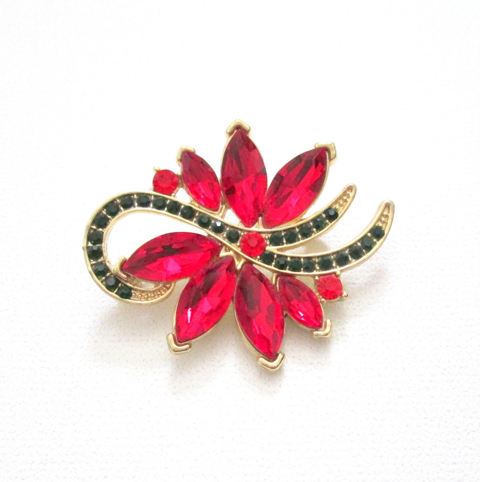 Vintage Poinsettia Christmas Brooch Red Green Rhinestones Holiday Jewelry Pin
