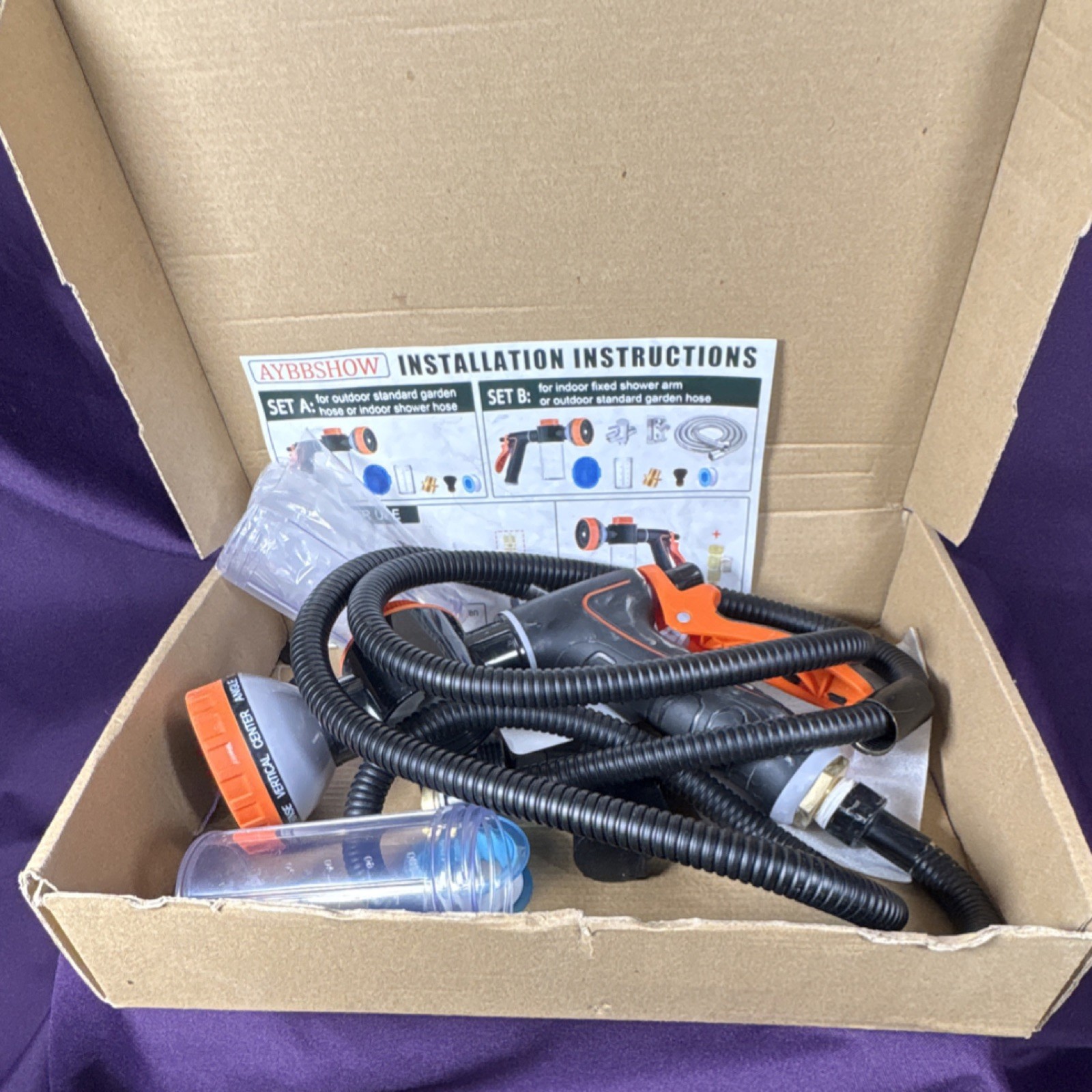 AYBBSHOW Handheld Shower Head w/ Detachable Hose, 8-Spray, Black/Orange
