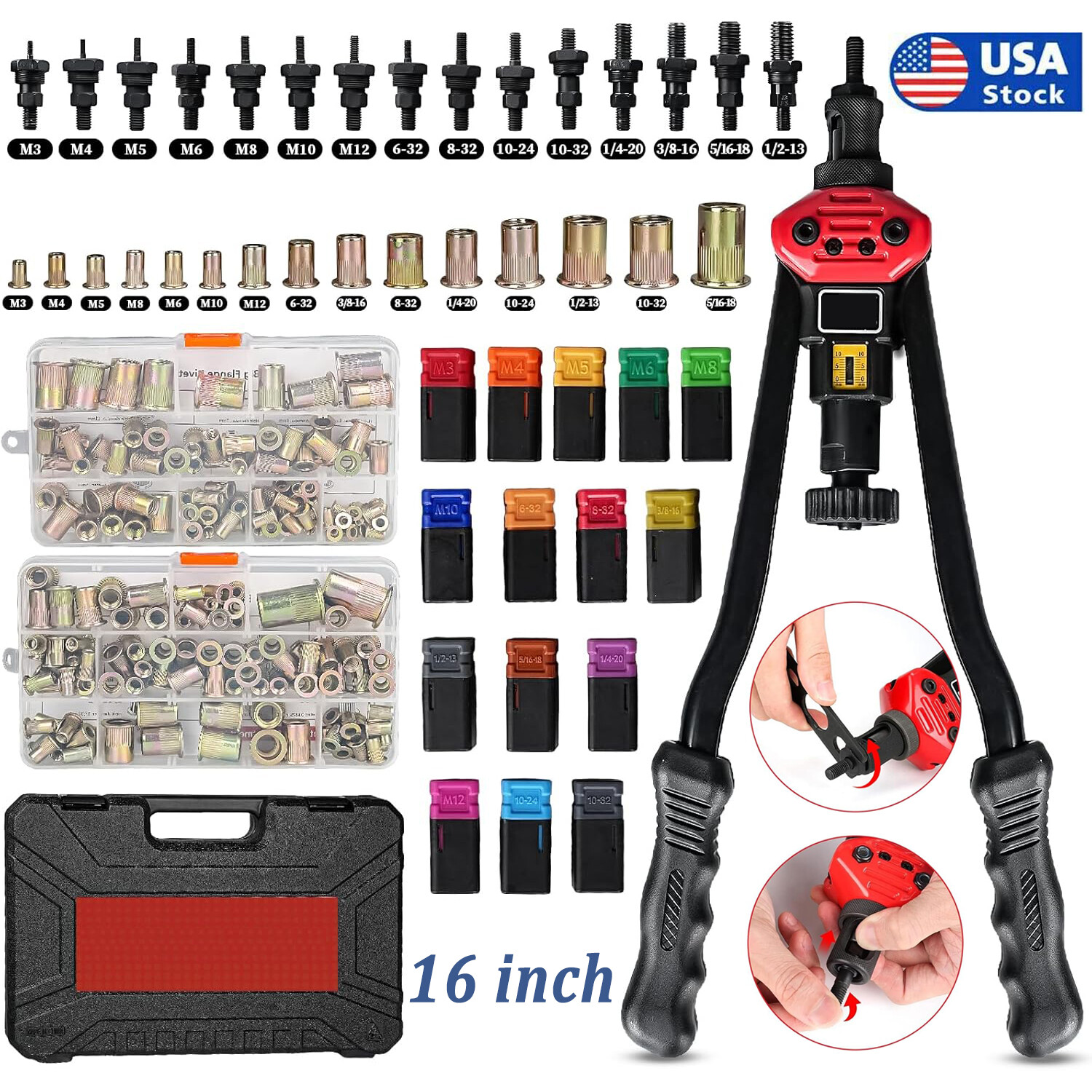 16'' Rivet Gun Kit Rivnut Thread Setting Tool Nut Setter NutSert Metric & inch