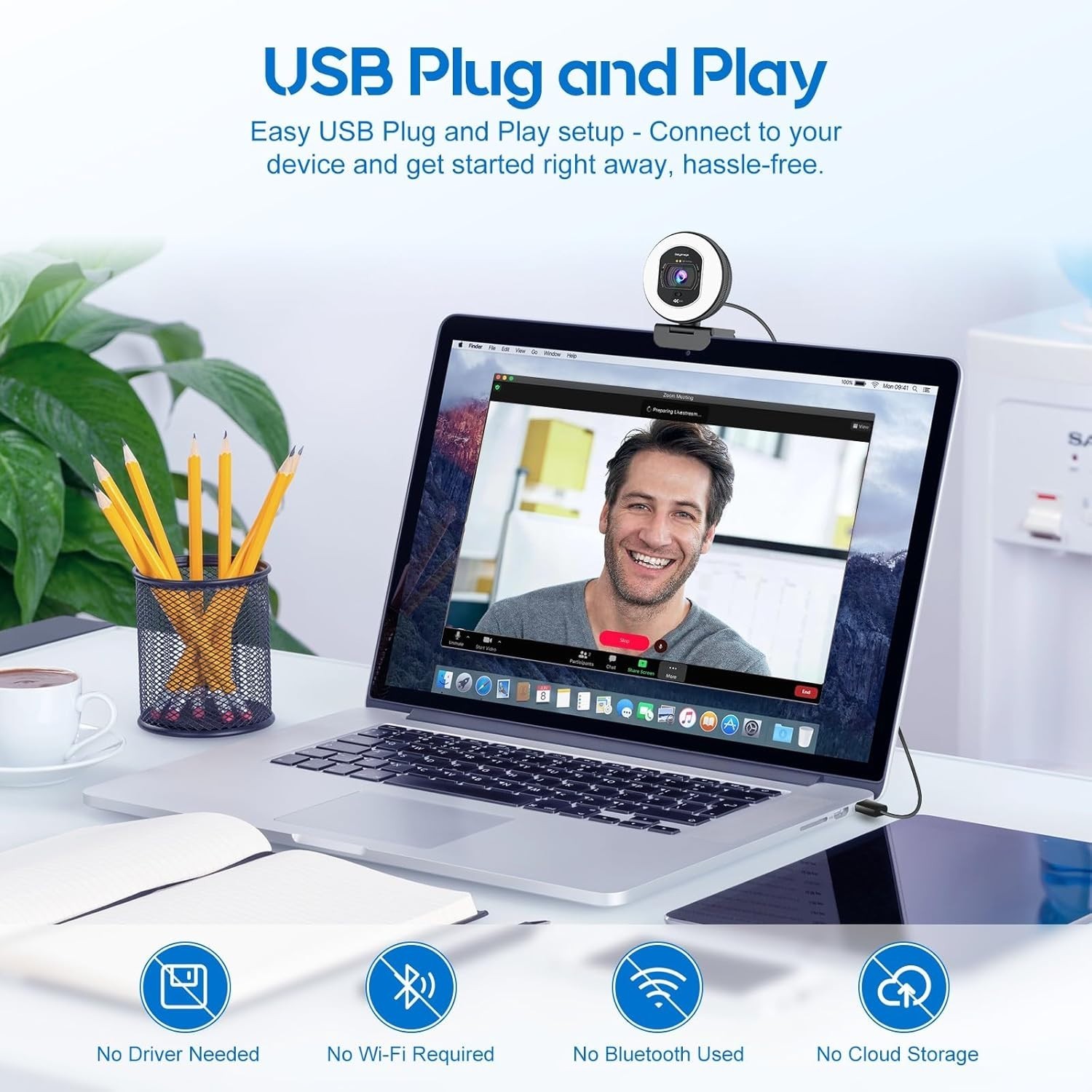 4K Webcam with Ring Light Web Cam 4K Autofocus with TOF Computer Camera 1080P