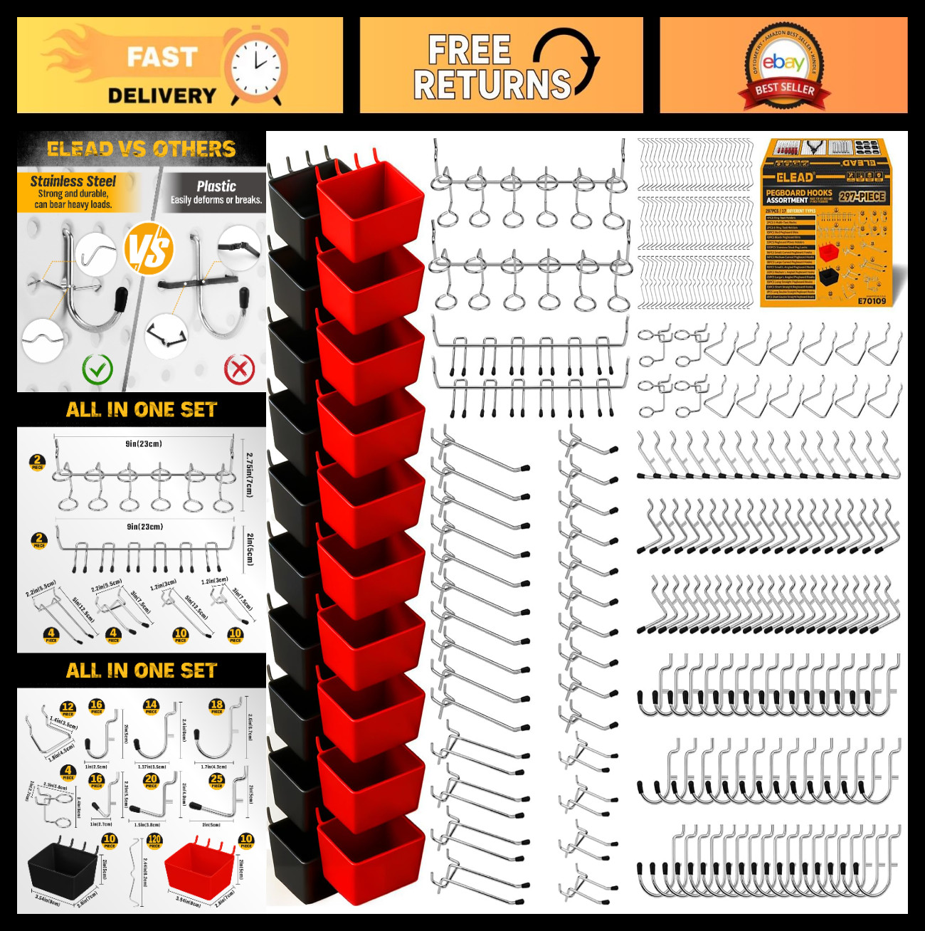 297-Piece Pegboard Hooks Kit with Bins - Tool Organizer for Garage, Workshop & C